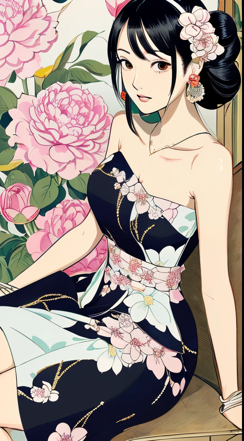 (masutepiece, of the highest quality, Best Quality, offcial art, Beautiful Indulgence: 1.2), (Japanese dress), (Upper body only), (1 girl: 1.3), Japan Woman, Very detailed, Colorful, Best Detail (Highly detailed 2DCG illustrations), (((Very delicate and beautiful)) (Seated), deadpan, Black hair, Kanzashi, earrings