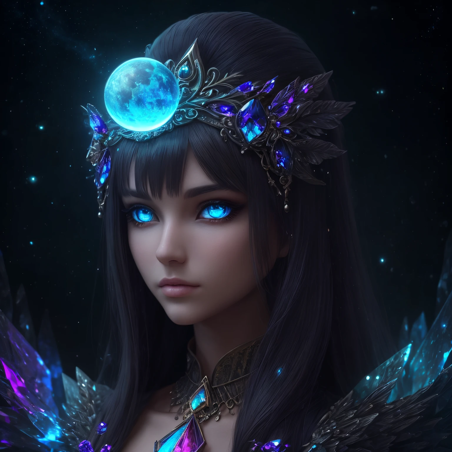 Masterpice, Generate a beautiful magical female creature. The creature should be majestic and stunning with hires eyes and lots of intricate fantasy details. Include 8k eyes, highly detailed eyes, extremely detailed eyes, macro eyes, bright clear eyes, and sharp eyes. The image should be a masterpiece and contain fantasy vibes and phantasmal iridescence. Include crystals, bumps, and stones. Consider mythical and celestial influences.