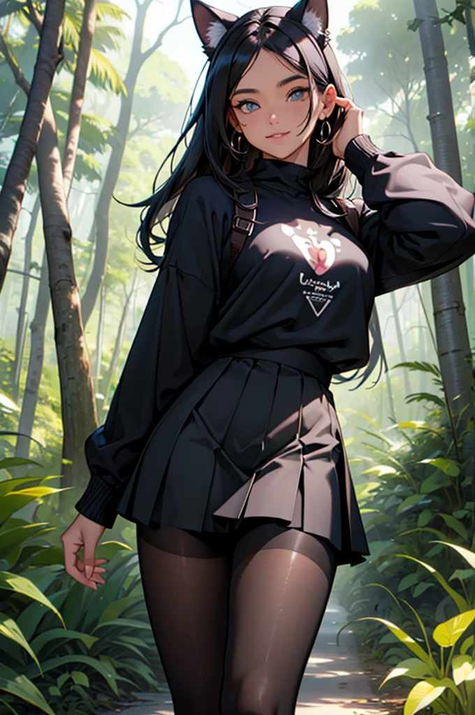beautiful young woman wearing tight skirt with cat ears on her head, com rosto bem detalhado e bonito, belos olhos, belos olhos, rosto lindo, beautiful young woman wearing black tights, sueter apertado branco, short pantyhose, Standing in a forest, usando salto alto, cabelo curto preto, morena,orelhas de gato, belo sorriso, tomboy, morena, um pouco musculosa usando sai apertada preta