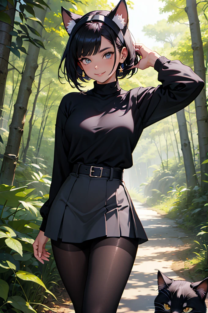 beautiful young woman wearing tight skirt with cat ears on her head, com rosto bem detalhado e bonito, belos olhos, belos olhos, rosto lindo, beautiful young woman wearing black tights, sueter apertado branco, short pantyhose, Standing in a forest, usando salto alto, cabelo curto preto, morena,orelhas de gato, belo sorriso, tomboy, morena, um pouco musculosa usando sai apertada preta