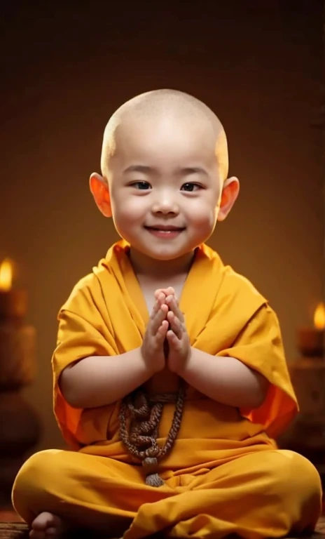 a monk who looks like a child,head up naked,Wearing monk cassocks,sitting cross-legged,he crosses his arms,smile in front,Buddha rope hanging on hand。The background is dark,a lit candle
