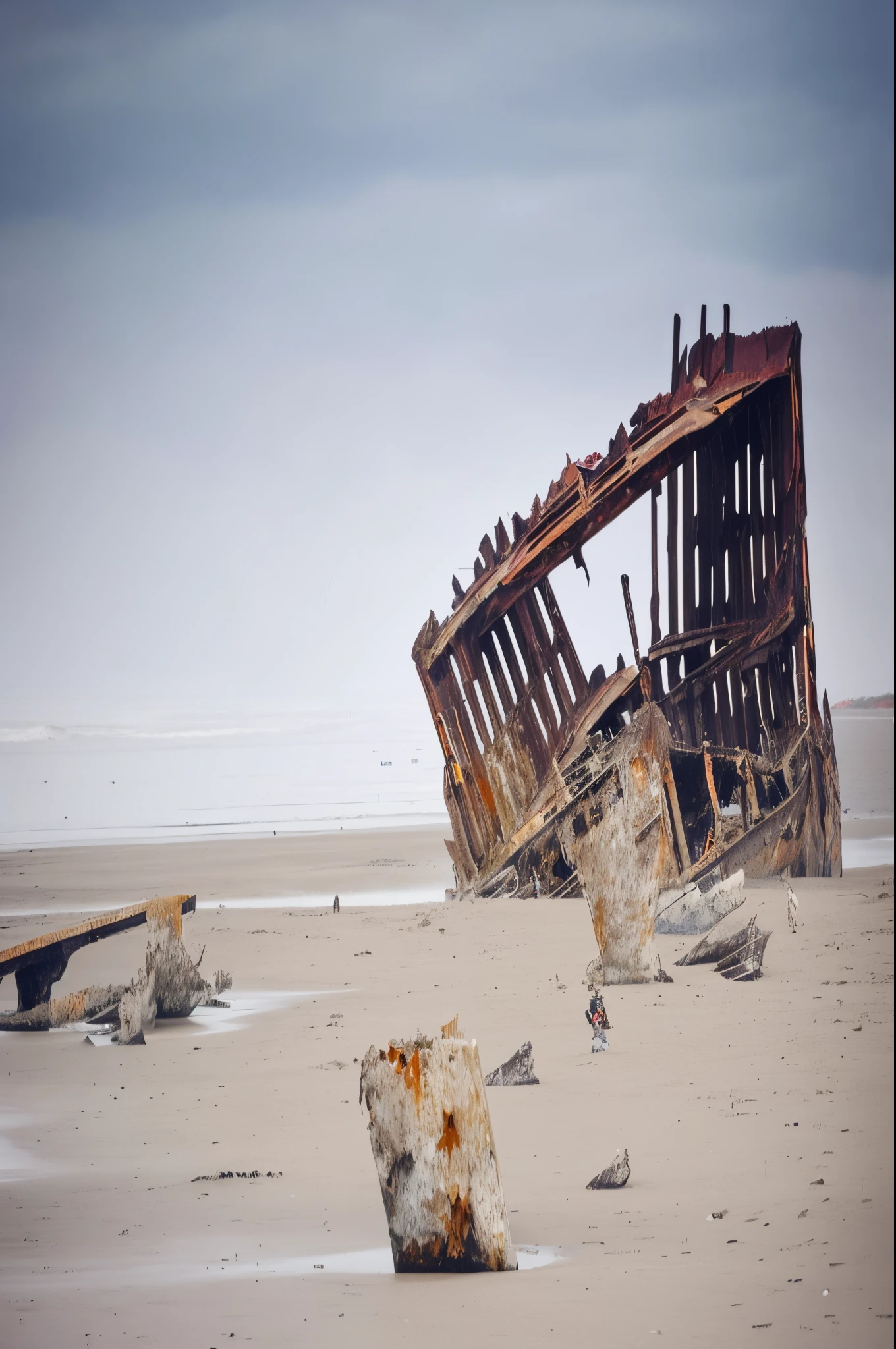 there is a rusted ship on the beach with a few rocks, shipwreck, portrait of a sunken ship, shipwrecks, sunken ship, alien ship wreck, destroyed ship, crumbling, rusted junk, rusting, crumbling ruins, a ship on a deserted island, derelict, a photograph of a rusty, a ship lost in a storm, decaying. Oregon coast Peter Iredale was a four-masted steel barque that ran ashore October 25, 1906, on the Oregon coast en route to the Columbia River.