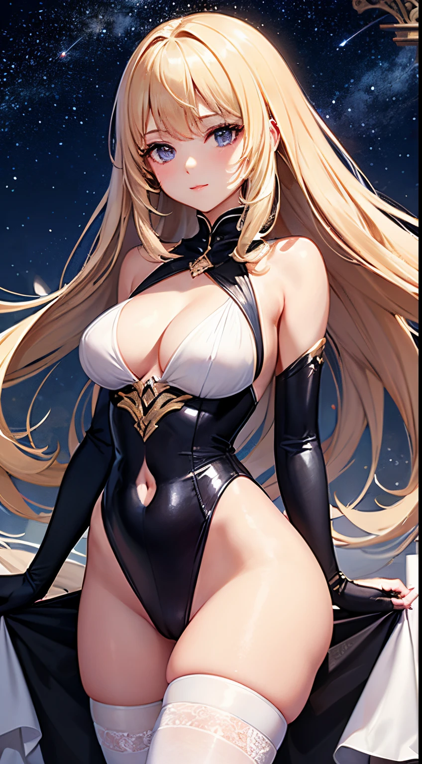 A flawless girl wearing tulle moonlight with perfect body proportions,Video of girls with precious metals on their bodieoist skin dream background,Starry sky as background white stockings