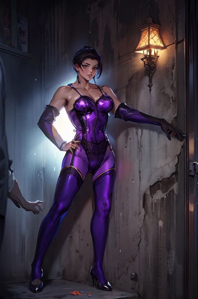 Top image quality、high-detail、1girl in、A MILF、purple garter belt、Purple lingerie、Beautie、Purple tights、Very short cut、A dark-haired、Arm cover on right arm、Look at viewers