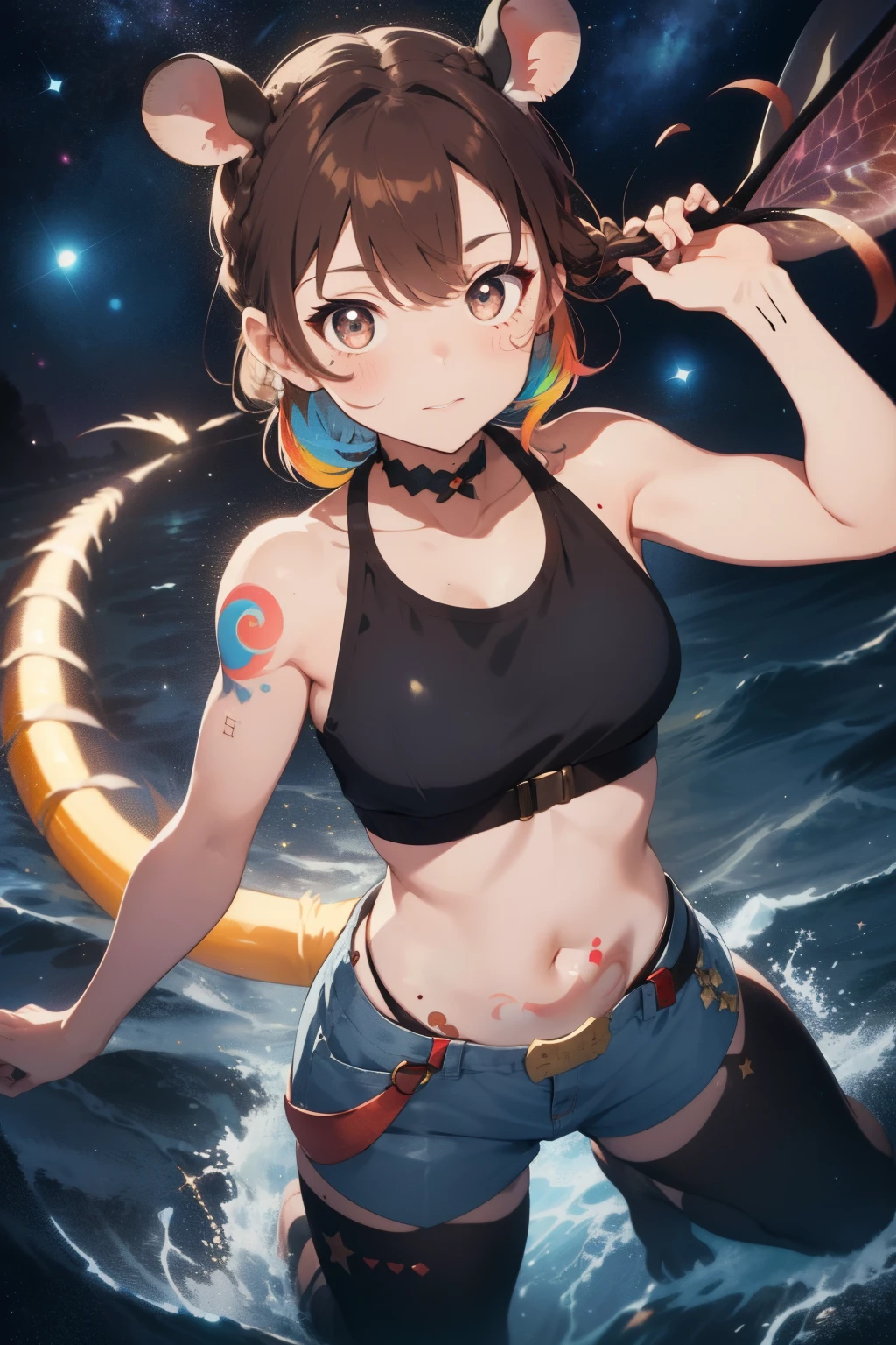 ((Brown hair)),((Braided shorthair)),((With black eyes)),Slight red tide,(With bangs),(colorful full body art:1.75),(Illustration of a rat:1.5),(Rat Cosplay),(Cute pose with both hands raised),(Navel Bow Style:1.25),(shortpants),(garterbelts),(Harness belt),(tank top or camisole:1.2),(Eye size:1.5),(your eyes are shining like stars:1.25),(close up of face:1.5),(Fairy tales and cute dream-like worldview),(Soft light),