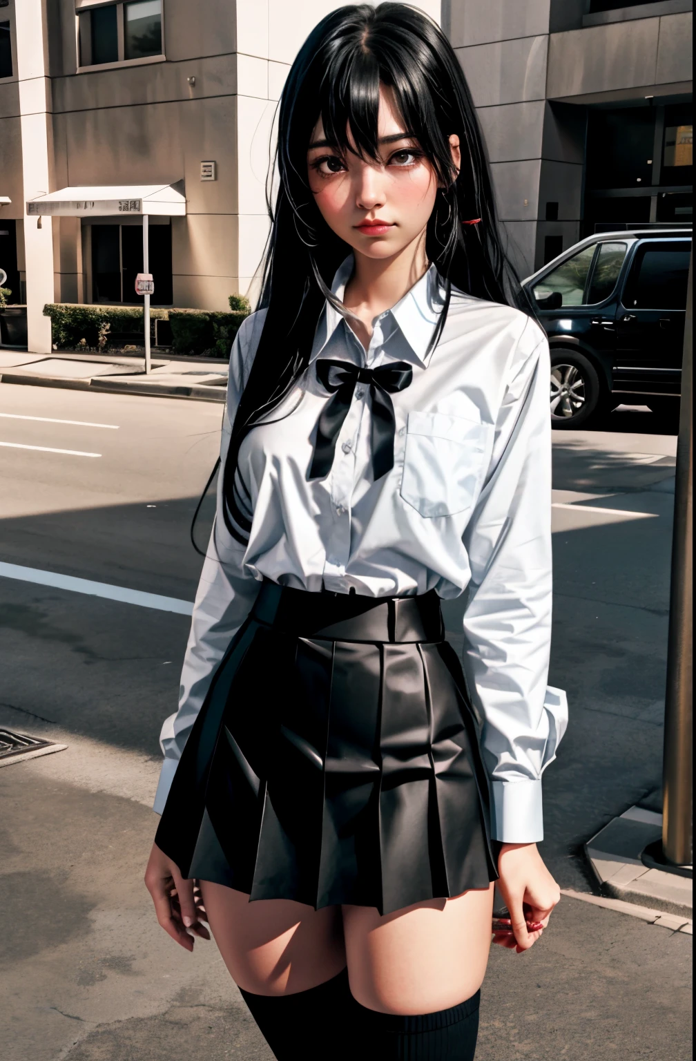 (full figure:1.1), 1 girl as yukino yukinoshita, absurdres, highres, solo, school uniform, big breasts, waist long black hair, (twintails:0.5), miniskirt, (black thighhigh socks:1.1), loose red ribbon, unbuttoned white shirt, (ahegao:1.1), (rolling eyes:1.1), (female masturbation:1.2)