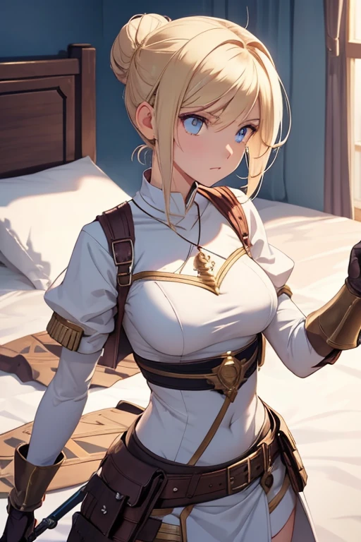 //Character 1girl, heavily armed warrior princess after the battle, slim and soft, medium large breast, ultra detailed face, super cute, innocent, round face, thin eyeblow, sparkly pupils, translucent skin, blonde hair,short hair , side bang with a bun,
BREAK
//Fashion Her outfit is after-the battle outfit, cloth underwear only, white cloth, tiny necklace
BREAK
//LOCATION
at a bedroom, her battle equipment is placed around her ,
BREAK
// behavior
lie on her back, chillout time