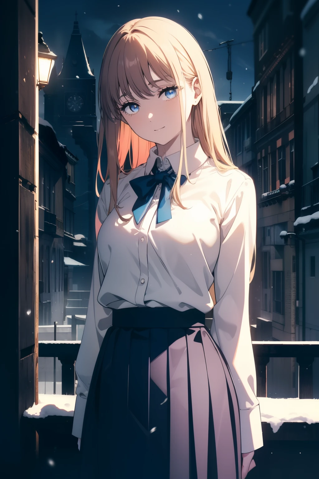 (Obra maestra, La mejor calidad, ultrahigh resolution), 1girl, standing, leaning over balcony, school uniform, white office shirt, black pleated skirt, (((light brown, light brown hair:0.7))), long hair cut, pale skin, ((blue eyes)), glowing_eyes, neon eyes, (ultra detailed eyes:0.7, beautiful and detailed face, detailed eyes:0.9), ((centered)), smile, ((wide shot)), facing viewer, eye level, ((vibrant background, snowy landscape, cityscape, snowing, snow)), flat chested, looking at viewer, ((half closed eyes)), ((perfect hands)), (((head:0.9, arms, elbows, in view))), ((hands behind back)), empty eyes, beautiful lighting, outside, outdoors, background, defined subject, 25 years old, (head tilt)