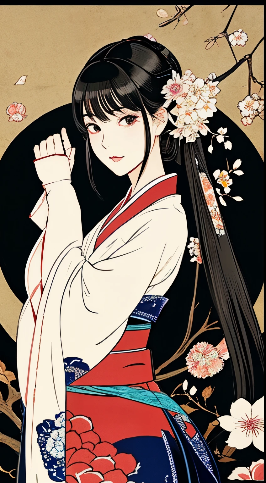 (top-quality)Black kimono, Hakama skirt, partially fingerless gloves, kill one girl in, Solo, archery,Bow,arrow, {{{ukiyoe painting_Style}}},{{Flat_Style}},{_color star piece}}},{katsushika_Hokusai},long_hair,hair_flower,{{Black_hair}},Red_Eyes,{chinoiserie},{{{best_quality}}},Kimono,{{Ultra-detailed}},{Illustration},Maple_put,{{1girl in}},{{{Solo}}},{{an_extremely_Delicate_And_Beautiful}},blank_stare,Close_To_viewer,{Breeze},{Flying_scatter_flower petals},Wind,{Gorgeous and rich graphics}