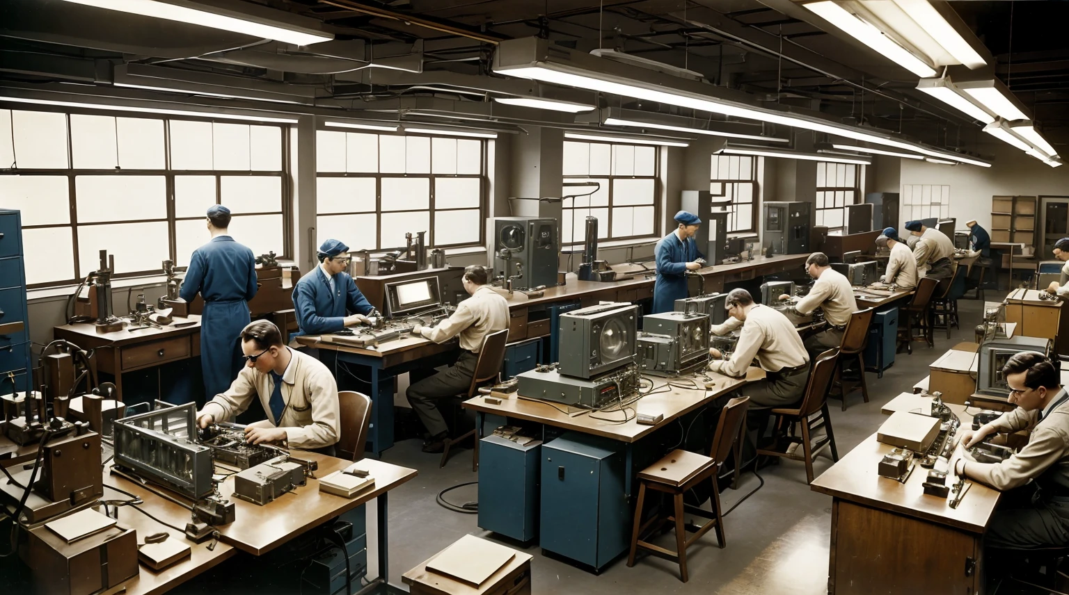 vintage color photograph of a group of engineers in their mid-thirties creating and building the very first computer. background is indoors of a lab with papers containing designs, machine parts, electrical tools and equipment all around the men. Cinematic lighting, perfect textures and reflections