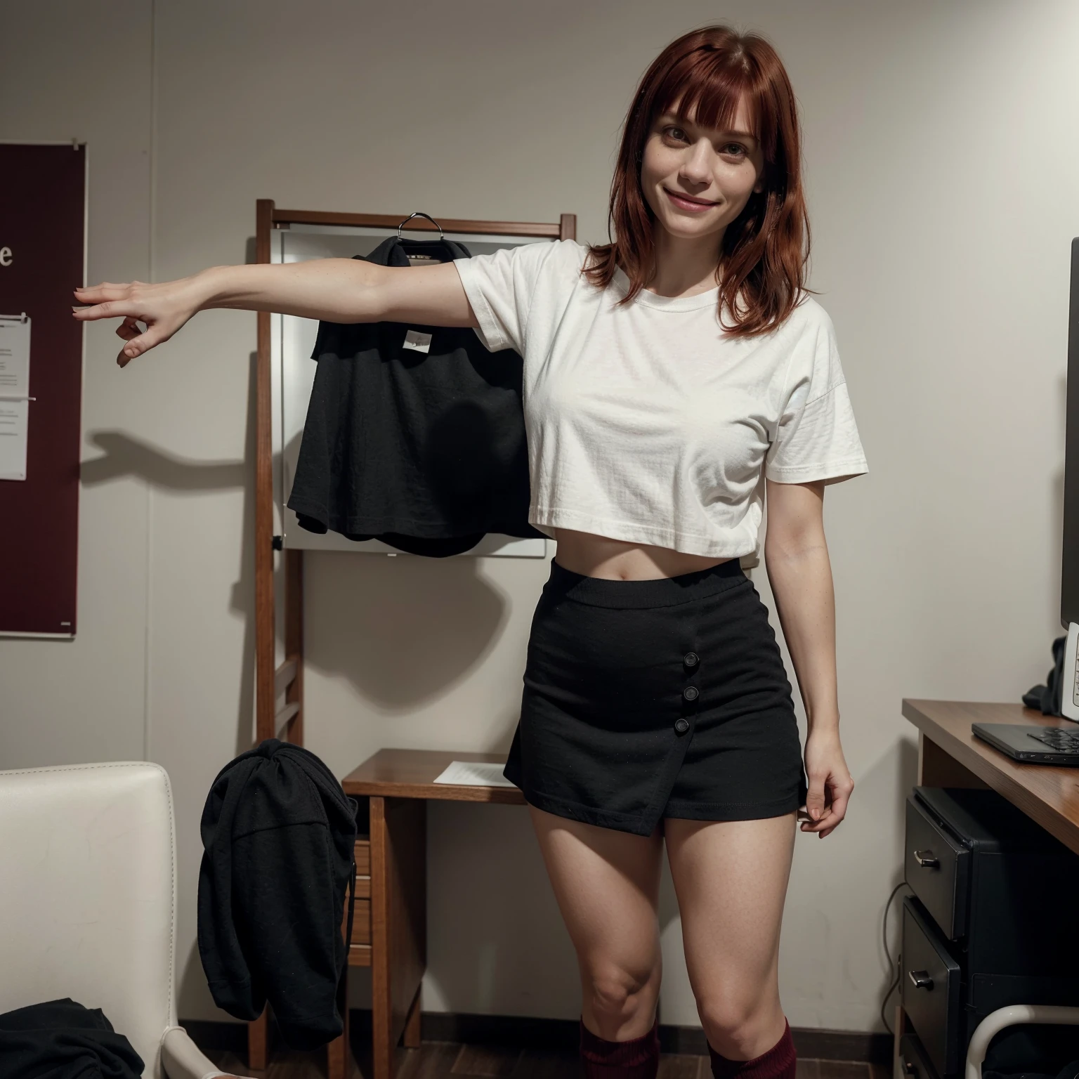 40 yo Claire Danes with dark red hair and bangs.  She is wearing a loose white nirvana day T-shirt, short black skirt, long maroon wool socks, and black shoes.  She has a closed wide smile.  She has full lips. She has a bulbous nose. She is standing in an office. Claire danes. (My so-called life)