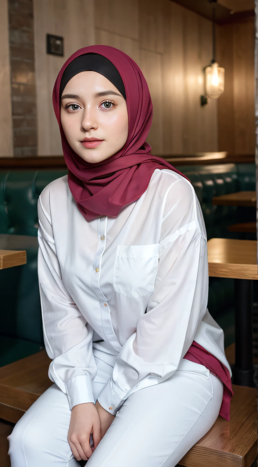 1 Girl, Beautiful, Russian Baby Face, 28 Years Old, White Skin, Hijab, pink long shirt, white long pants, Big Chest, looking directly at the camera, sitting in a restaurant, beautiful pose, full body: 1.3, 8k uhd, dslr, (realistic face), realistic eyes, beautiful detailed eyes, (realistic skin), beautiful skin, ultra high res, ultra realistic, highly detailed,