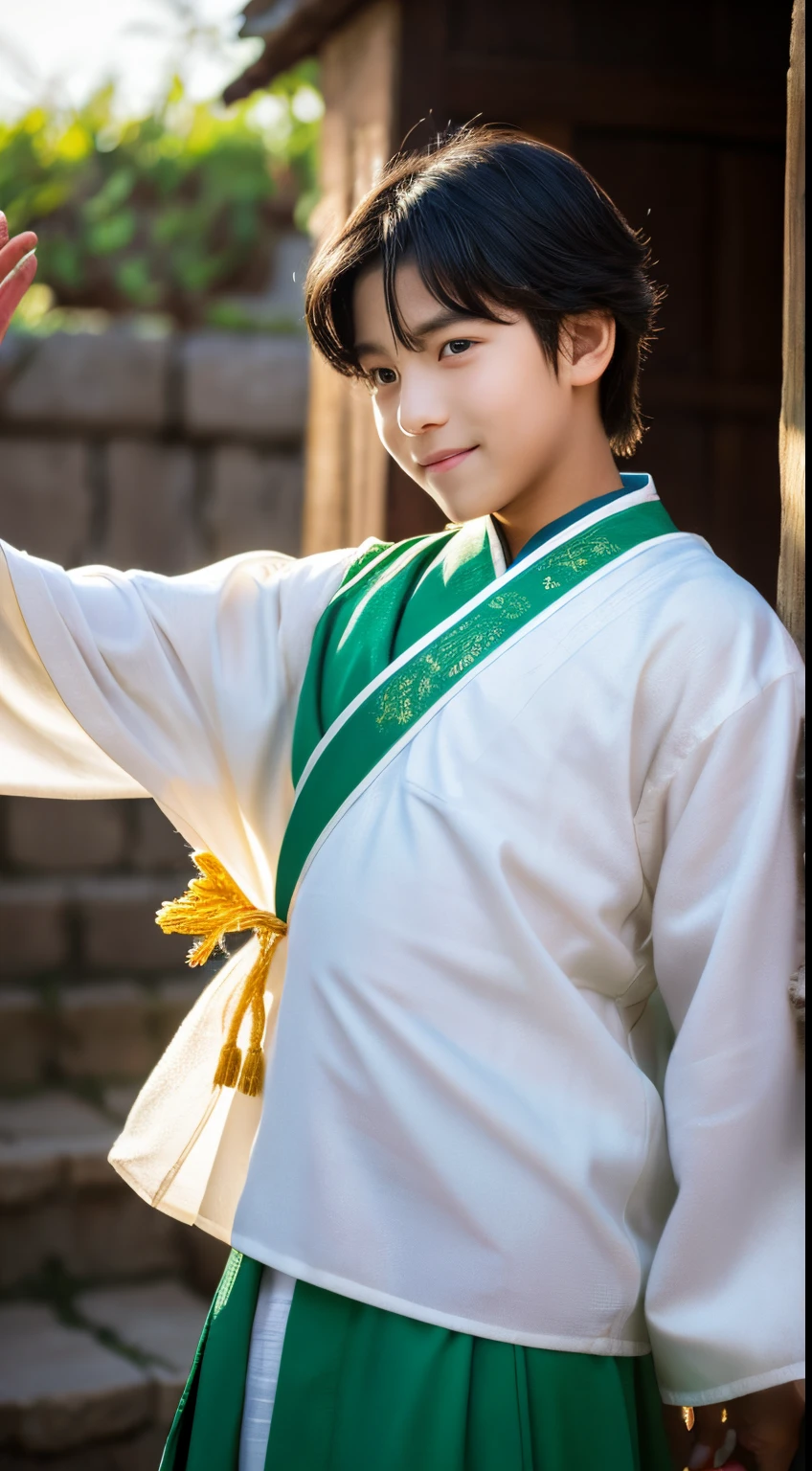Libido boy，top-quality，ighly detailed，zora々Right，Sword Eye Star，Tribal Junior，About 12 years old，A young man，Cool guy，Ancient wind，vivaciousness，child，Libido boy，Gorgeous light green robe，Black Chinese Style High Ponytail，Black eyes，Sunny and cheerful，A young man，Black hair，The delicate face of，sharp keen eyes，Clear eyebrows，kind expression，Fluttering hair，Flowing sleeves，Ancient style，Fubu Pose, Long flowing black hair fluttered，hair messy，Chi Yu Xuannan，looking at viewert，（tmasterpiece：1.4），（best qualtiy：1.4），(The composition is perfect)，High-definition depiction，8K，Polar composition of the film，Cinematic lighting，cinematic texture，Strong atmosphere