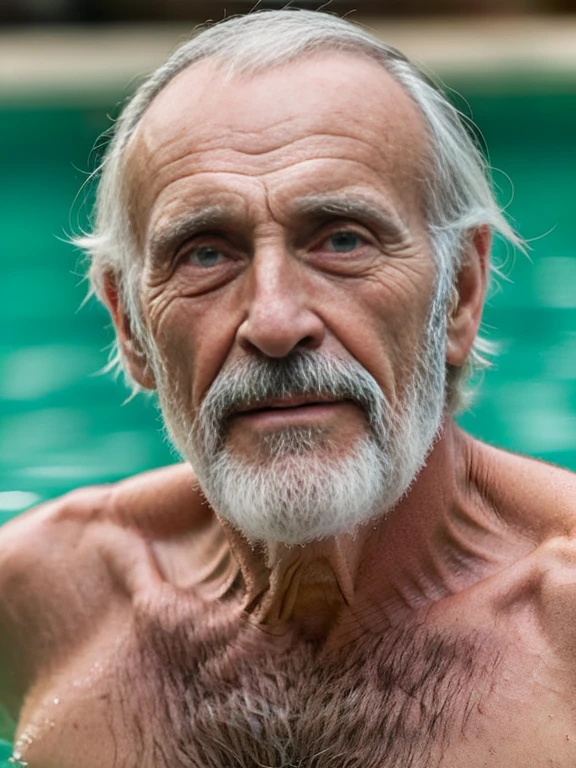 John Glover, An elder with a long beard and white hair, with a serene face wrinkles, looking producing, body older weak, skinny bones hairy, body naked, his shirt was open to reveal his stomach wrinkles older hairy weak and chest, arms legs neck hands feet skinny old and weak, shy and blushed, Lying in the bath swimming pool,master-piece,4K images,beste-Qualit