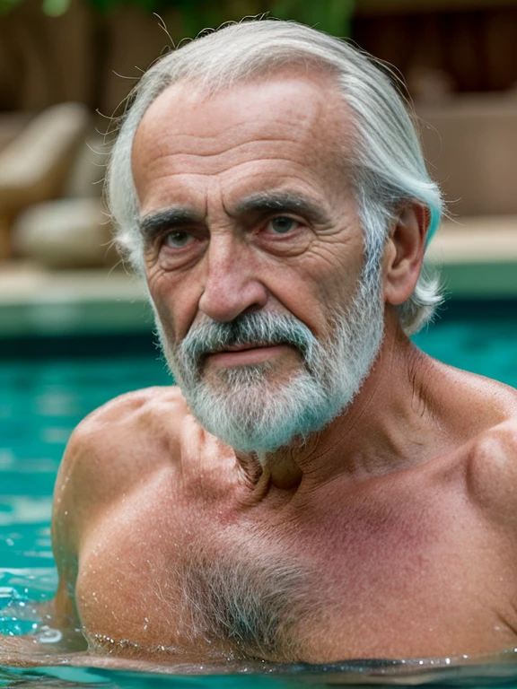 John Glover, An elder with a long beard and white hair, with a serene face wrinkles, looking producing, body older weak, skinny bones hairy, body naked, his shirt was open to reveal his stomach wrinkles older hairy weak and chest, arms legs neck hands feet skinny old and weak, shy and blushed, Lying in the bath swimming pool,master-piece,4K images,beste-Qualit