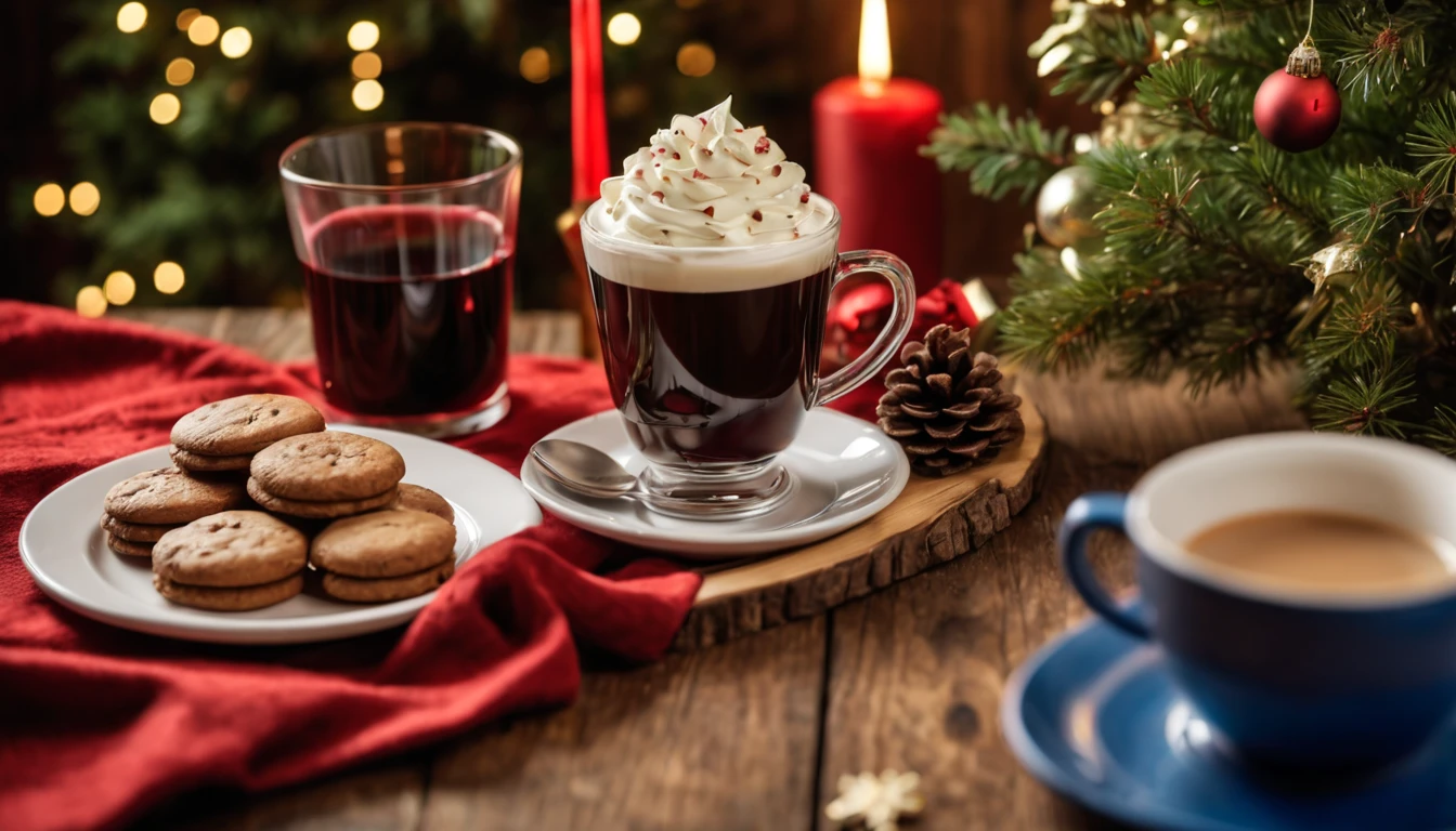 Breathtaking cinematic photo of a real Hyperrealistic christmas still life ((close-up)) of a breathtaking ((cup of coffee with whipped cream: 1.4)), chocolate shavings and ((christmas cookies)), ((((glass of red wine in stemmed glass)))) decorated with (((mistletoe))) and golden christmas tree decorations, on and antique wooden table covered with christmas table cloth, in the background multicolored led lights (red, blue, green, yellow), extremely high-resolution details, photorealism, realistic lifelike textures, masterpiece, best quality, sharp focus, photorealism, photorealistic, 8k, volumetric light, (intricate details), hdr, high detailed, high quality, soft cinematic light, dramatic atmosphere, atmospheric perspective, ultra realistic, neutral colors, cinematic lighting, wide angle, film grain, dslr, raw photo, photo,