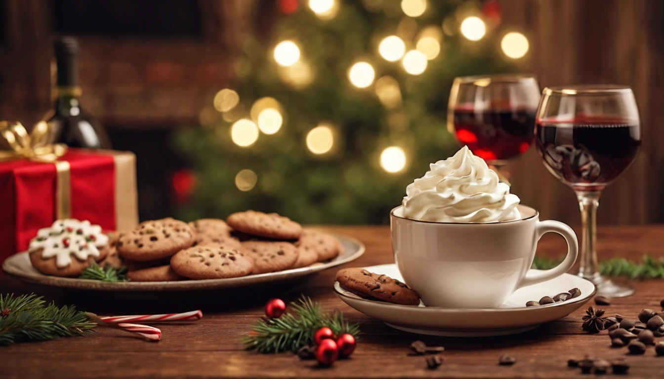 Breathtaking cinematic photo of a real Hyperrealistic christmas still life ((close-up)) of a breathtaking ((cup of coffee with whipped cream: 1.4)), chocolate shavings and ((christmas cookies)), ((((glass of red wine in stemmed glass)))) decorated with (((mistletoe))) and golden christmas tree decorations, on and antique wooden table covered with christmas table cloth, in the background multicolored led lights (red, blue, green, yellow), extremely high-resolution details, photorealism, realistic lifelike textures, masterpiece, best quality, sharp focus, photorealism, photorealistic, 8k, volumetric light, (intricate details), hdr, high detailed, high quality, soft cinematic light, dramatic atmosphere, atmospheric perspective, ultra realistic, neutral colors, cinematic lighting, wide angle, film grain, dslr, raw photo, photo,
