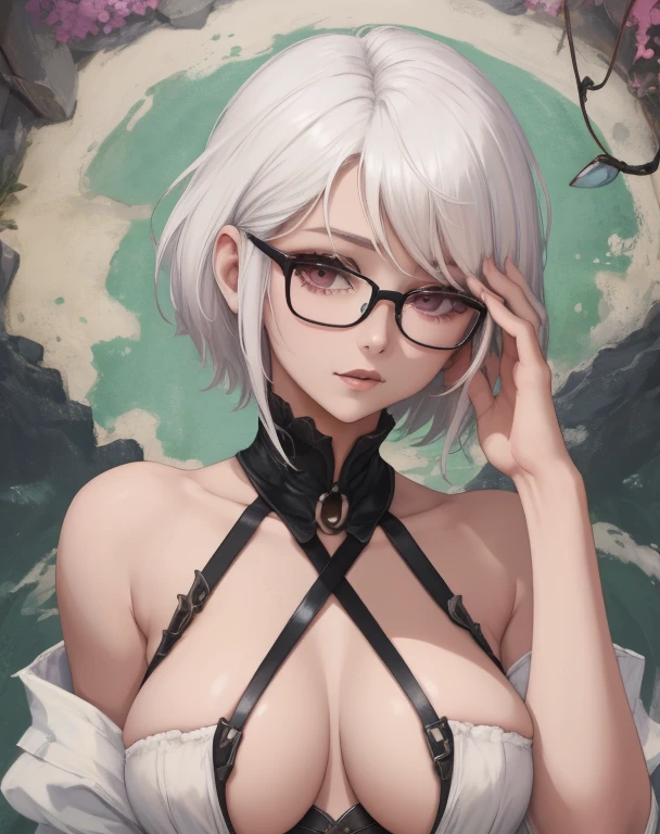 White hair、barechested、eye glasses、strands、female pervert、