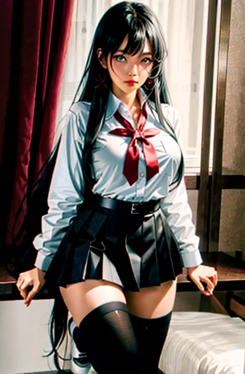 (full figure:1.1), 1 girl as yukino yukinoshita, absurdres, highres, solo, school uniform, big breasts, waist long black hair, (twintails:0.5), miniskirt, (black thighhigh socks:1.1), loose red ribbon, unbuttoned white shirt, (ahegao:1.1), (rolling eyes:1.1), (in a porn movie set.2)