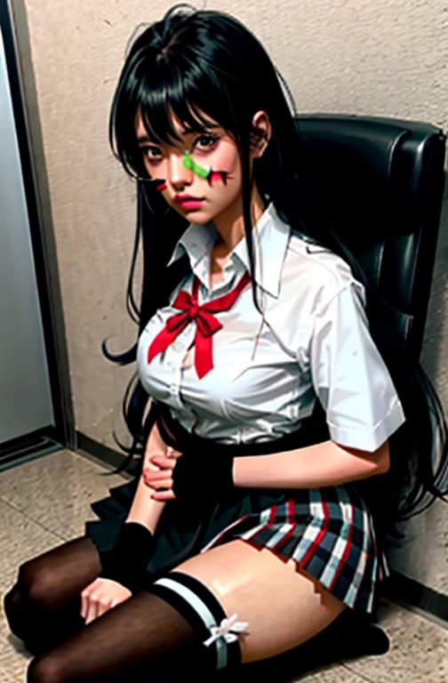 ((masterpiece,highres,4k, best quality, detailed eyes)),(solo:1.4), complex_details,very detailed CG,very long hair, hair ribbon,grey eyes,(semi-rimless eyewear:1.2), nurse,nurse cap,wariza,(hand between legs:1.5) ,pigeon-toed,knees together,hidden hands,side face