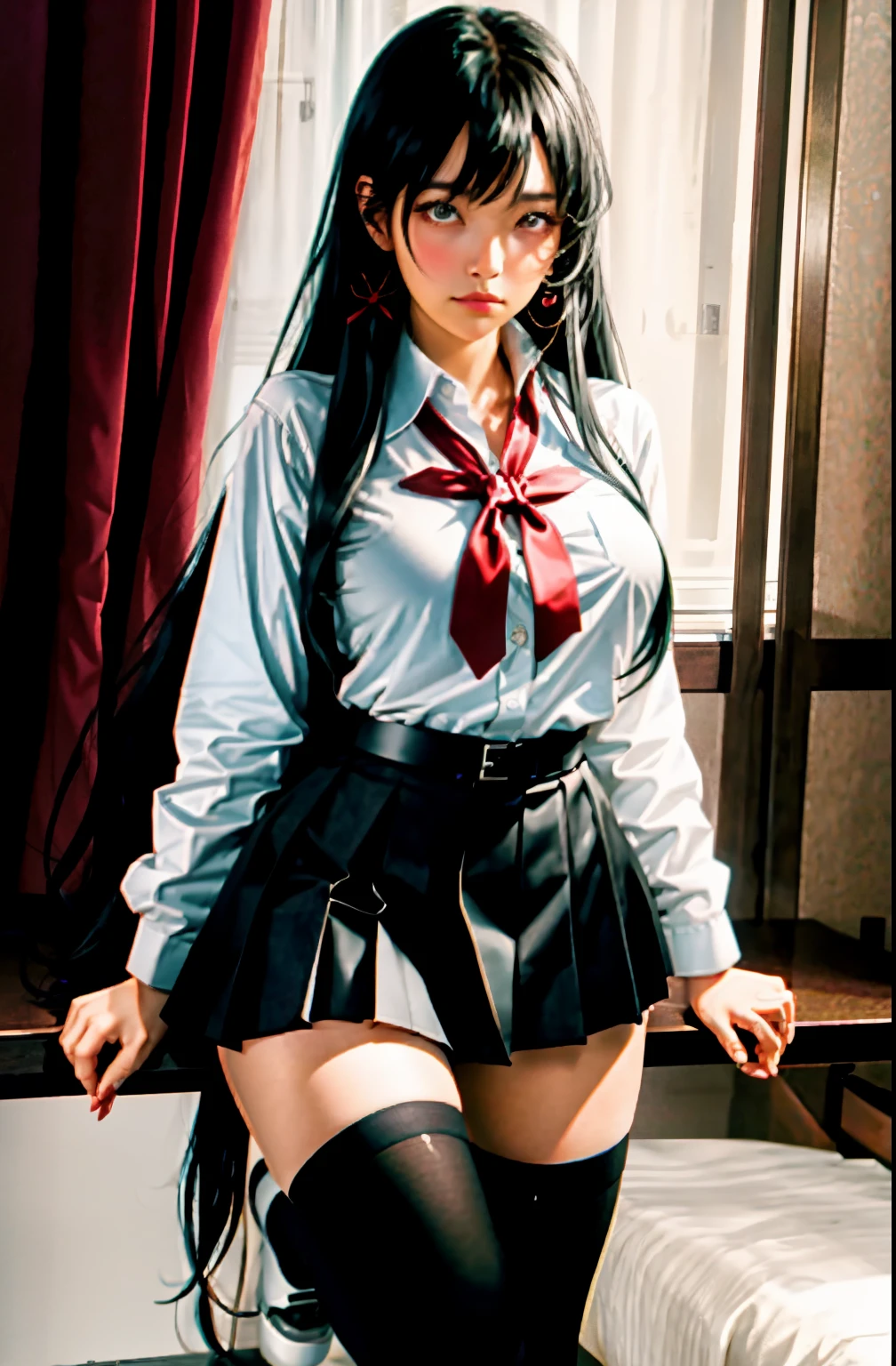 (full figure:1.1), (1 girl as yukino yukinoshita:1.5), highres, solo, (very small breasts:1.5), waist long black hair, (twintails:0.5), (pleated school miniskirt:1.5), (black thigh-high:1.5), (loose red ribbon:1.2), (cotton skirt:1.5), (unbuttoned white shirt:1.4), (ahegao:1.5), green eyes, (rolling eyes:1.5), (naked breasts:1.5), spread legs, (standing:1.1), legs wide open, (in a dungeon:1.2), legspread, breastapart, no panties, perfect body, perfect legs, (plump body:1.1)