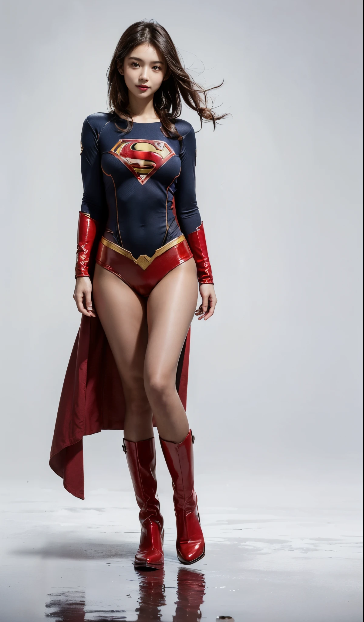 (((Wear black tights on your beautiful legs.)))、(((Grow legs、tall、Legally express the beauty of your smile)))、((((Make the most of the original image)))、(((Supergirl Costume)))、(((beautiful hairl)))、(((Suffering)))、(((Feet must necessarily be worn with black tights)))、(((You need to wear red boots)))、((Top image quality、8K))、((top-quality、8K、masterpiece:1.3))、(((Keep Background )))、Crisp focus:1.2、Beautiful woman with perfect body shape:1.4、Slender Abs:1.2、a wet body:1.5、Highly detailed facial and skin texture、8K