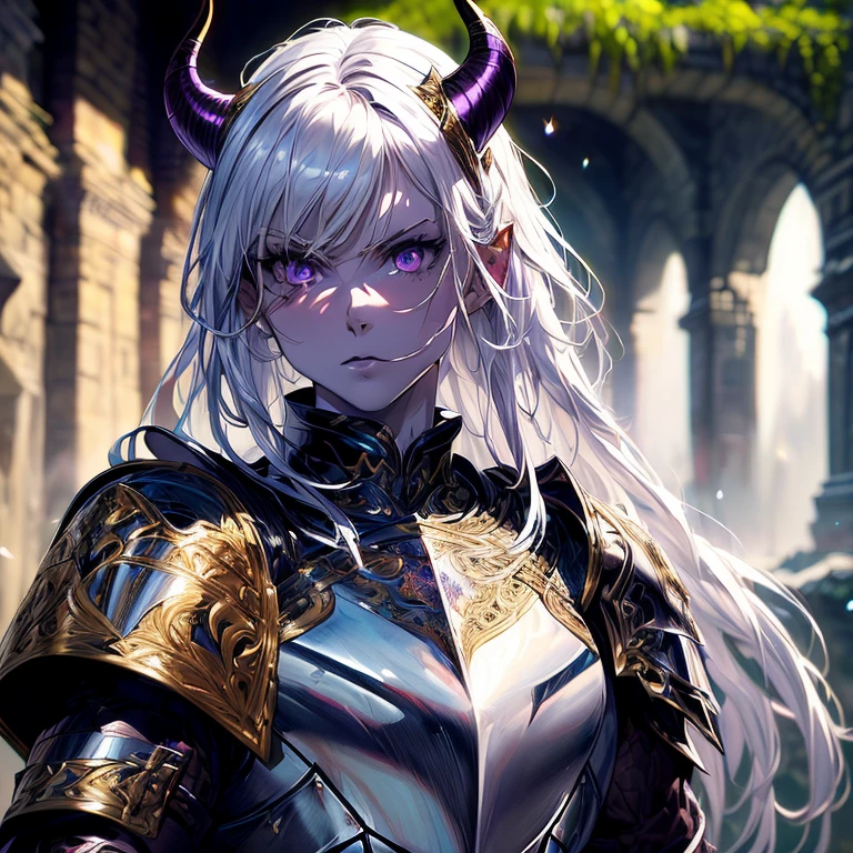 masterpiece, highest quality, (solo focuull bodyview, (perfect face:1.1), (high detail:1.1), (hyper detailed eyes), dramatic, a tiefling woman with pale white skin and long voluminous white hair, 25 years old, purple eyes, solo, long hair, purple horns, toned body, athletic body, metal-plated armor, arrogant expression, holding a sword, dueling with a knight (metal armor, shield, sword), one on one duel, swordfight, daylight, forest, fantasy setting, detailed background, cinematic lighting