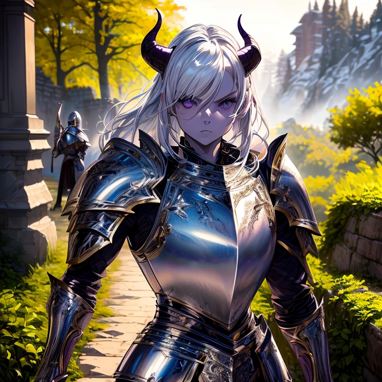 masterpiece, highest quality, (solo focuull bodyview, (perfect face:1.1), (high detail:1.1), (hyper detailed eyes), dramatic, a tiefling woman with pale white skin and long voluminous white hair, 25 years old, purple eyes, solo, long hair, purple horns, toned body, athletic body, metal-plated armor, arrogant expression, holding a sword, dueling with a knight (metal armor, shield, sword), one on one duel, swordfight, daylight, forest, fantasy setting, detailed background, cinematic lighting