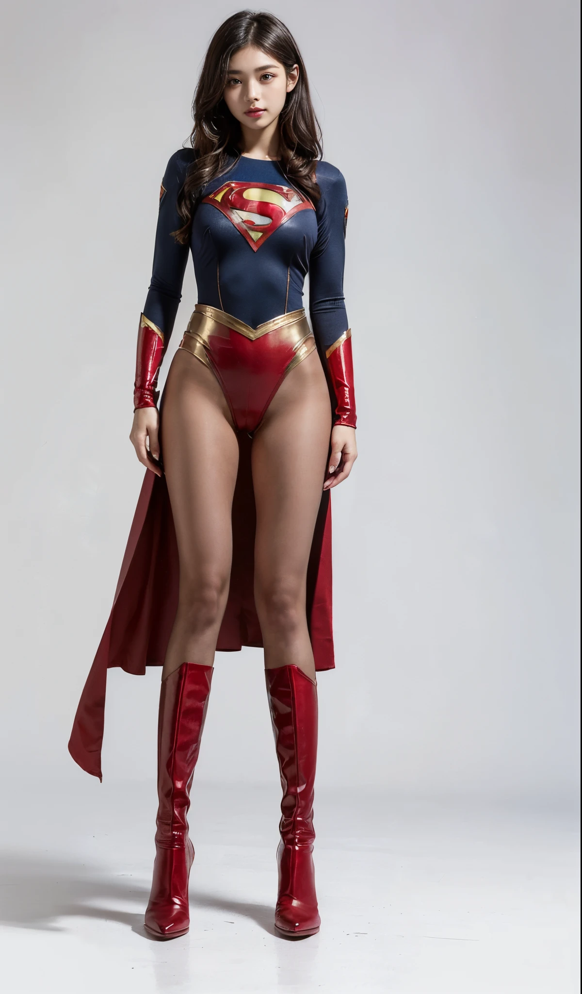 (((Wear black tights on your beautiful legs.)))、(((Grow legs、tall、Legally express the beauty of your smile)))、((((Make the most of the original image)))、(((Supergirl Costume)))、(((beautiful hairl)))、(((Suffering)))、(((Feet must necessarily be worn with black tights)))、(((You need to wear red boots)))、((Top image quality、8K))、((top-quality、8K、masterpiece:1.3))、(((Keep Background )))、Crisp focus:1.2、Beautiful woman with perfect body shape:1.4、Slender Abs:1.2、a wet body:1.5、Highly detailed facial and skin texture、8K
