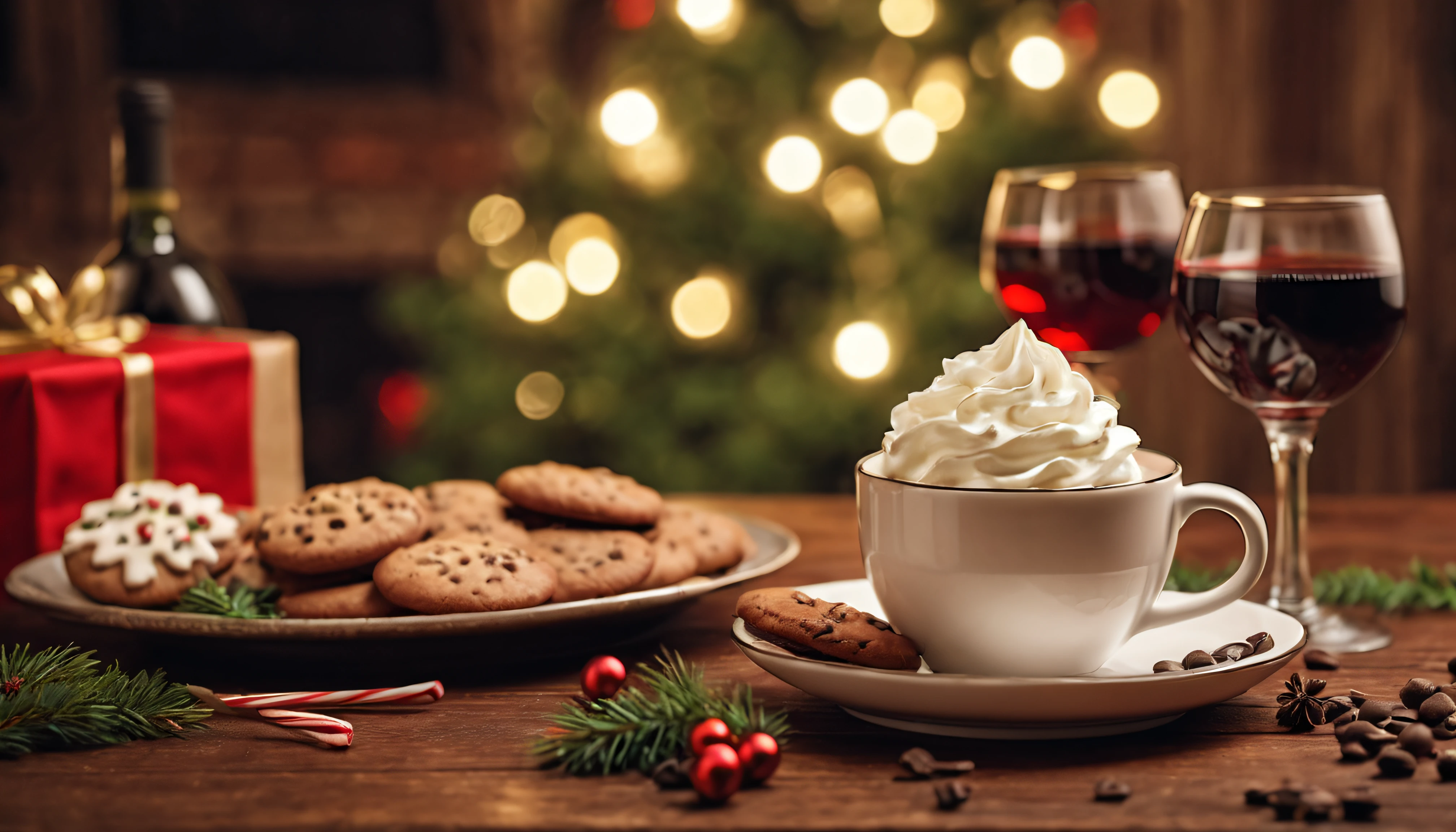 Breathtaking cinematic photo of a real Hyperrealistic christmas still life ((close-up)) of a breathtaking ((cup of coffee with whipped cream: 1.4)), chocolate shavings and ((christmas cookies)), ((((glass of red wine in stemmed glass)))) decorated with (((mistletoe))) and golden christmas tree decorations, on and antique wooden table covered with christmas table cloth, in the background multicolored led lights (red, blue, green, yellow), extremely high-resolution details, photorealism, realistic lifelike textures, masterpiece, best quality, sharp focus, photorealism, photorealistic, 8k, volumetric light, (intricate details), hdr, high detailed, high quality, soft cinematic light, dramatic atmosphere, atmospheric perspective, ultra realistic, neutral colors, cinematic lighting, wide angle, film grain, dslr, raw photo, photo,