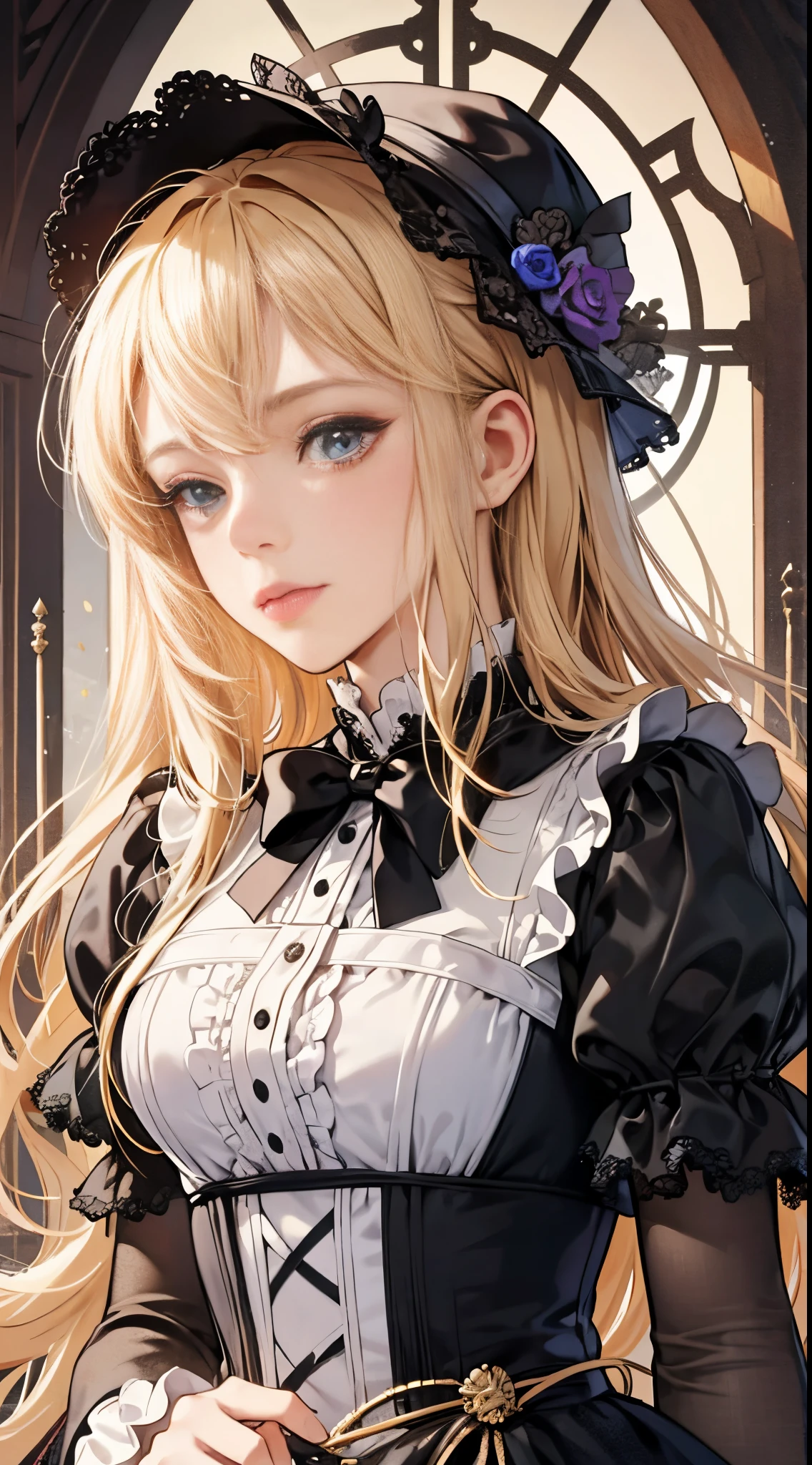 woman wearing dress and boots , baroque dress, in detailed steampunk dress, an elegant gothic princess, victorian gothic lolita fashion, Historical Baroque Dress Dark, black gothic lolita dress, fantasy style clothing, rococo dress, black rococo, classical witch, fantasy outfit, wearing a gothic dress, romantic dress, gothic dress,a blond, student,(((Upper body portrait)))