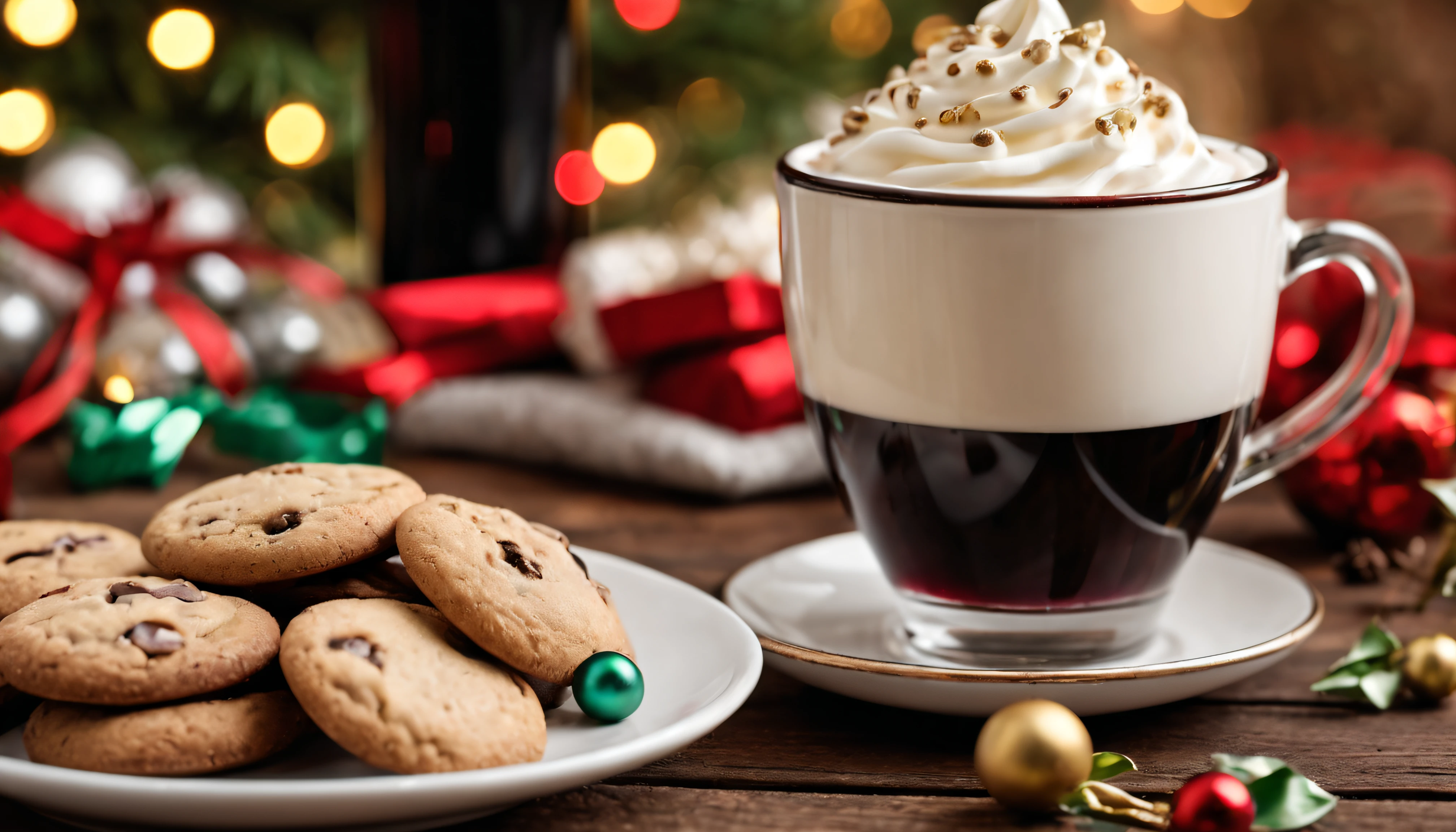 Breathtaking cinematic photo of a real Hyperrealistic christmas still life ((close-up)) of a breathtaking ((cup of coffee with whipped cream: 1.4)), chocolate shavings and ((christmas cookies)), ((((glass of red wine in stemmed glass)))) decorated with (((mistletoe))) and golden christmas tree decorations, on and antique wooden table covered with christmas table cloth, in the background multicolored led lights (red, blue, green, yellow), extremely high-resolution details, photorealism, realistic lifelike textures, masterpiece, best quality, sharp focus, photorealism, photorealistic, 8k, volumetric light, (intricate details), hdr, high detailed, high quality, soft cinematic light, dramatic atmosphere, atmospheric perspective, ultra realistic, neutral colors, cinematic lighting, wide angle, film grain, dslr, raw photo, photo,