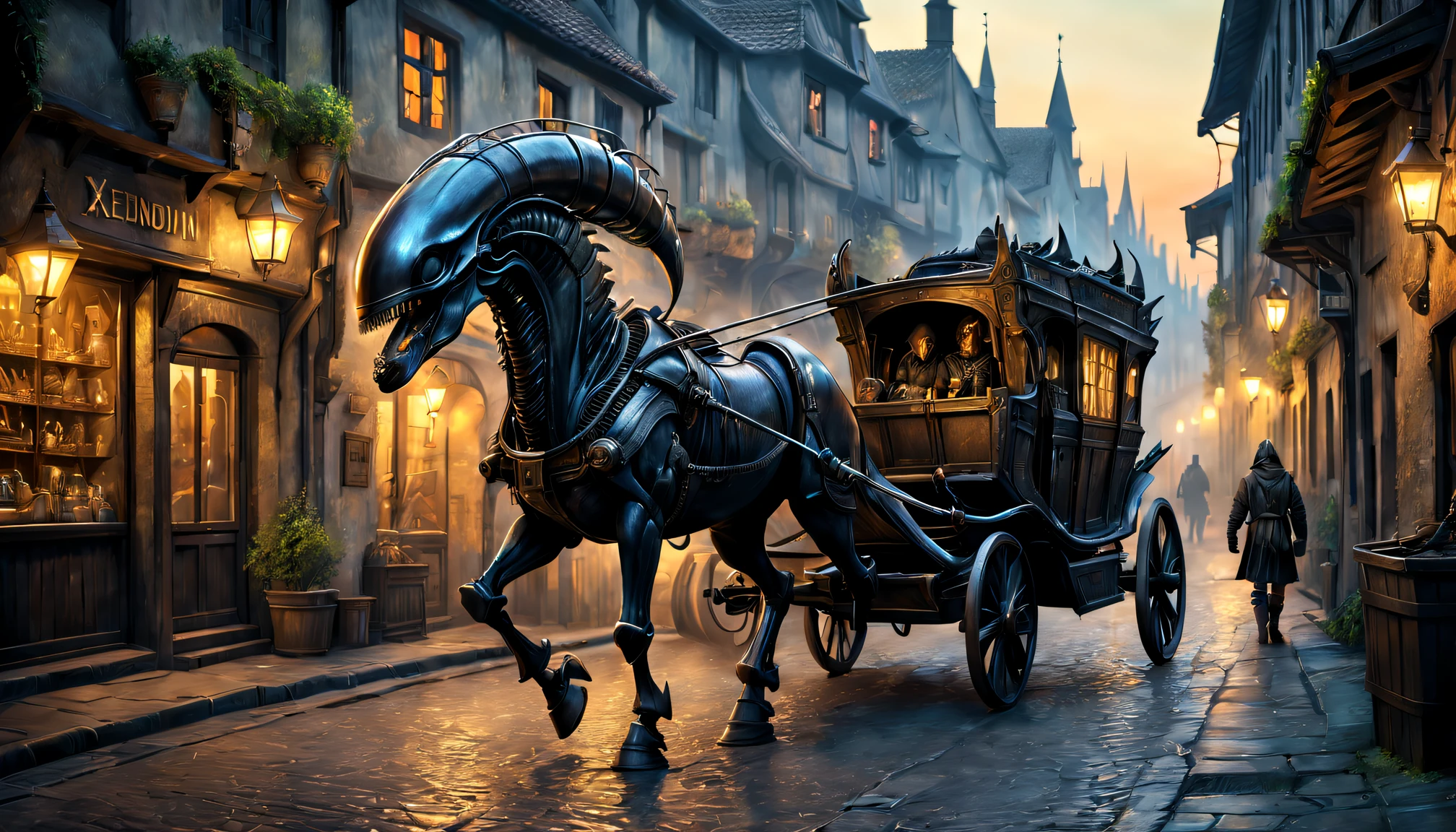 (Medieval science fiction fusion,Xenomorph,mistic) buggy,Best quality at best,4K,8K,A high resolution,tmasterpiece:1.2,ultra - detailed,actual:1.37,[HighDynamicRange] [hyper HD],metal surfaces,Studio lighting,Ultra-fine painting,Focus sharp,Black Death Epidemic,physically-based renderingt,Extremely detailed description,professional,Medieval streets,vivd colour,sportrait,The landscape,Concept artist,Colorful vibrant shades,ambientlighting