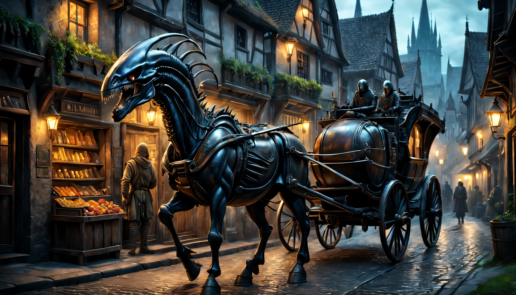 (Medieval science fiction fusion,Xenomorph,mistic) buggy,Best quality at best,4K,8K,A high resolution,tmasterpiece:1.2,ultra - detailed,actual:1.37,[HighDynamicRange] [hyper HD],metal surfaces,Studio lighting,Ultra-fine painting,Focus sharp,Black Death Epidemic,physically-based renderingt,Extremely detailed description,professional,Medieval streets,vivd colour,sportrait,The landscape,Concept artist,Colorful vibrant shades,ambientlighting