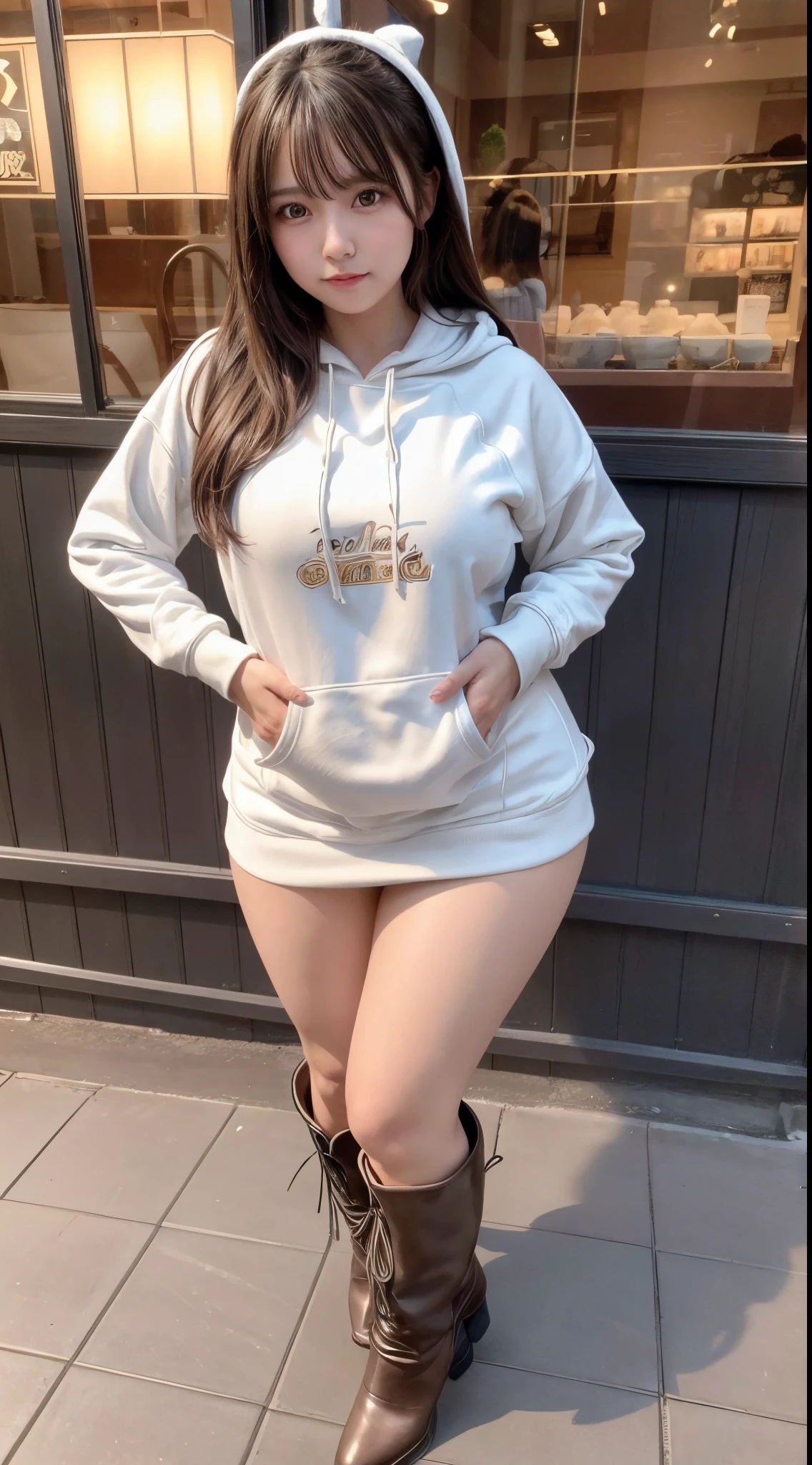 ultra detailed, best quality, insanely detailed, masterpiece, beautiful, high quality, detailed, hyper detailed, exquisite, 8K, absurdres, 4K, highres, a girl, smiling, hands on hips, looking at viewer, long hair, straight hair, brown hair, tareme, droopy eyes, shiny skin, detailed skin, detailed face, glamorous, voluptuous, curvy, beautiful ass, beautiful breasts, (idol, hoodie, mini skirt, boots:1.3), curvy, japanese idol, cute face, ager, japanese, on the street, with a bed, with a window, with a sofa, nsfw, raw photo, real person, photorealistic, ultra realistic photo, portrait photography, dynamic angle, from front, cowboy shot, depth of field, cinematic lighting, sharpen