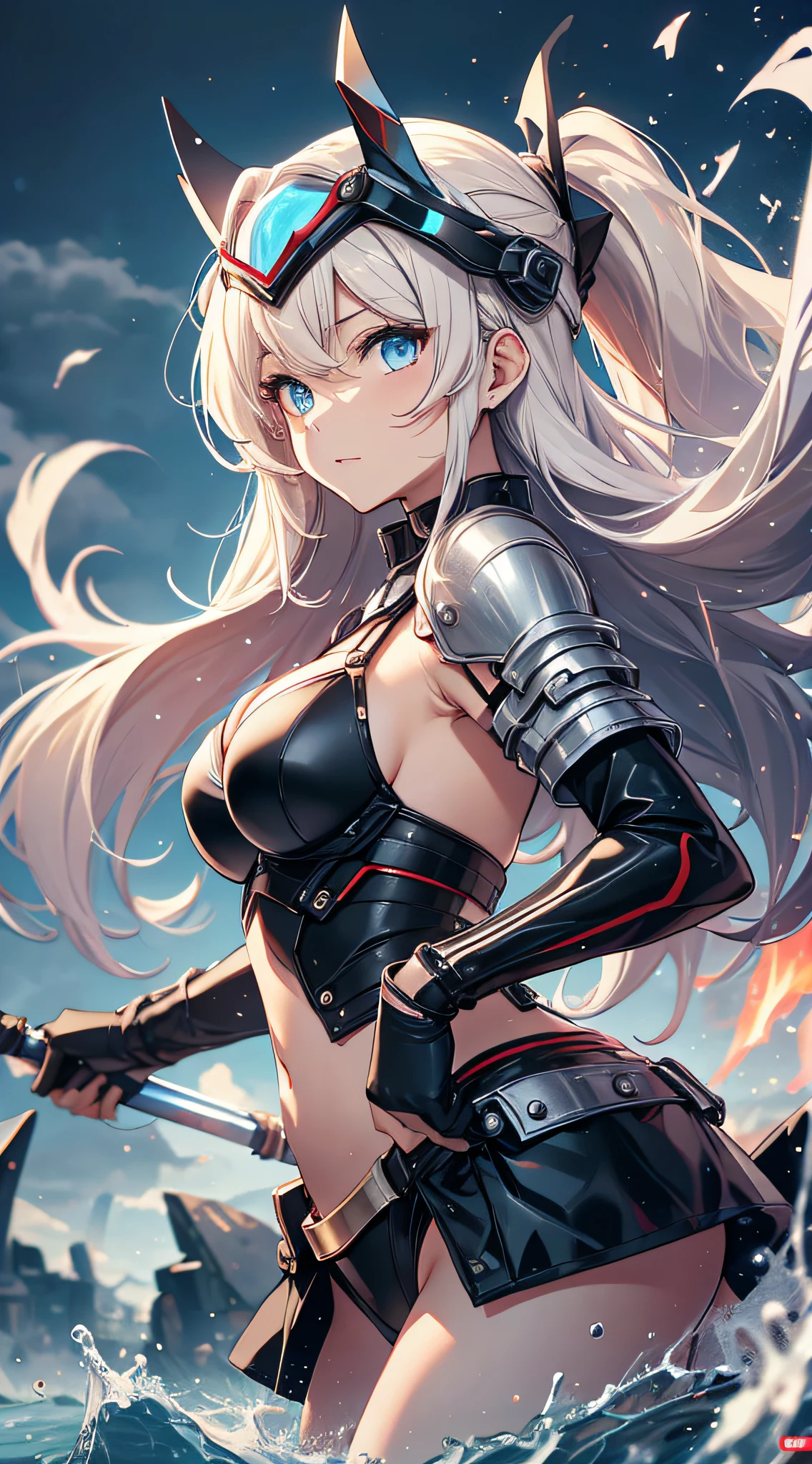 top-quality、Top image quality、​masterpiece、Teenage girl((black mechanic body、Shining red body line、Black Bikini Armor、18year old、 Ager、Best Bust、big bast,Beautiful light blue eyes, Long Blonde Hair、A slender,Large valleys、Reflecting the whole body、black mechanic helmet、Black visor、mechanical red sword、Black wings、rear cable、mid air、flying though the air)),hiquality、Beautiful Art、Background with((research complex、Mechanical Laboratory、bio research、Burning Earth))​masterpiece、depth of fields,
