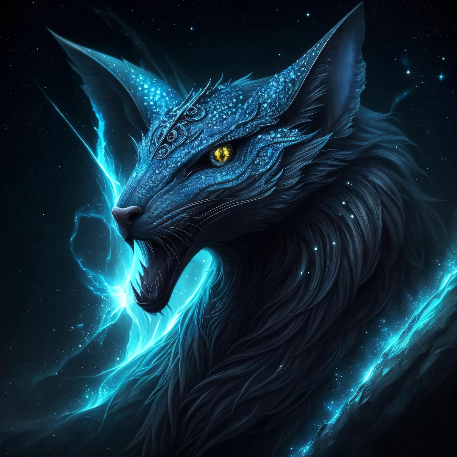 Masterpice, Generate a beautiful magical creature. The creature should be majestic and stunning with hires eyes and lots of intricate fantasy details. Include 8k eyes, highly detailed eyes, extremely detailed eyes, macro eyes, bright clear eyes, and sharp eyes. The image should be a masterpiece and contain fantasy vibes and phantasmal iridescence. Include crystals, bumps, and stones. Consider mythical and celestial influences.