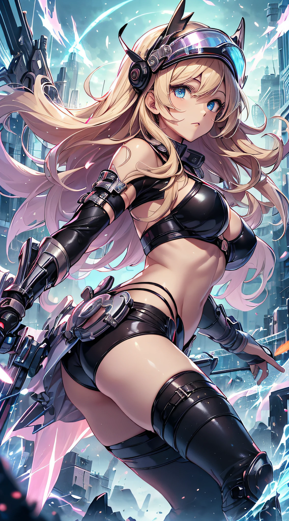 top-quality、Top image quality、​masterpiece、Teenage girl((black mechanic body、Shining red body line、Black Bikini Armor、18year old、 Ager、Best Bust、big bast,Beautiful light blue eyes, Long Blonde Hair、A slender,Large valleys、Reflecting the whole body、black mechanic helmet、Black visor、mechanical red sword、Black wings、rear cable、mid air、flying though the air)),hiquality、Beautiful Art、Background with((research complex、Mechanical Laboratory、bio research、Burning Earth))​masterpiece、depth of fields,