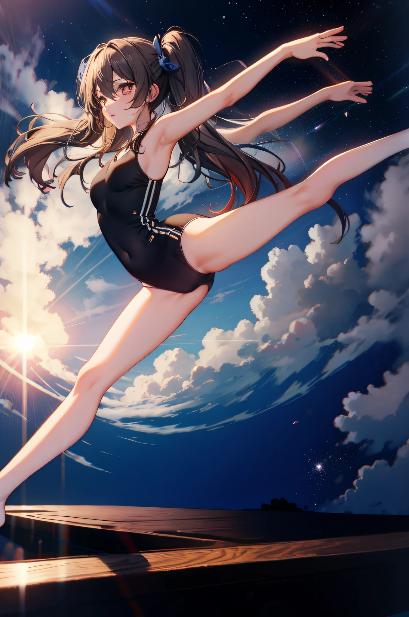 Best Quality, High quality, masutepiece, Detailed, High resolution, girl, Solo, Underwear, Long hair, Brown hair, gymnastic suit, shoes, Hair Ornament, Brubruma, Twin-tailed, Outdoors, nigh sky,