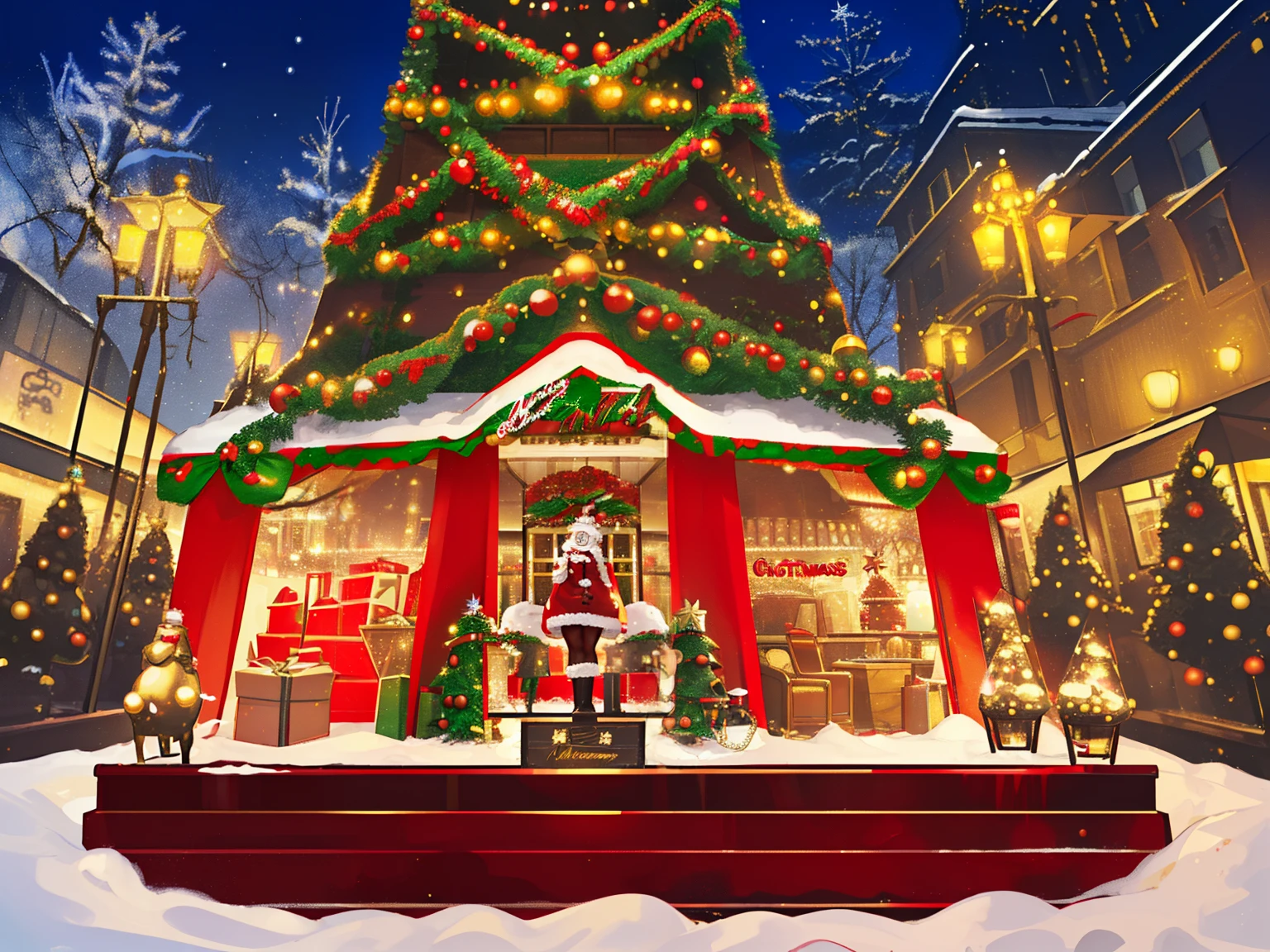 Christmas atmosphere,Christmas town,and harmonious,cordial,,Christmas tree,santa,Christmas reindeer,Christmas stockings,Christmas candy,Interesting,elated,Christmas atmosphere,lots of people,santa,Christmas tree as main body