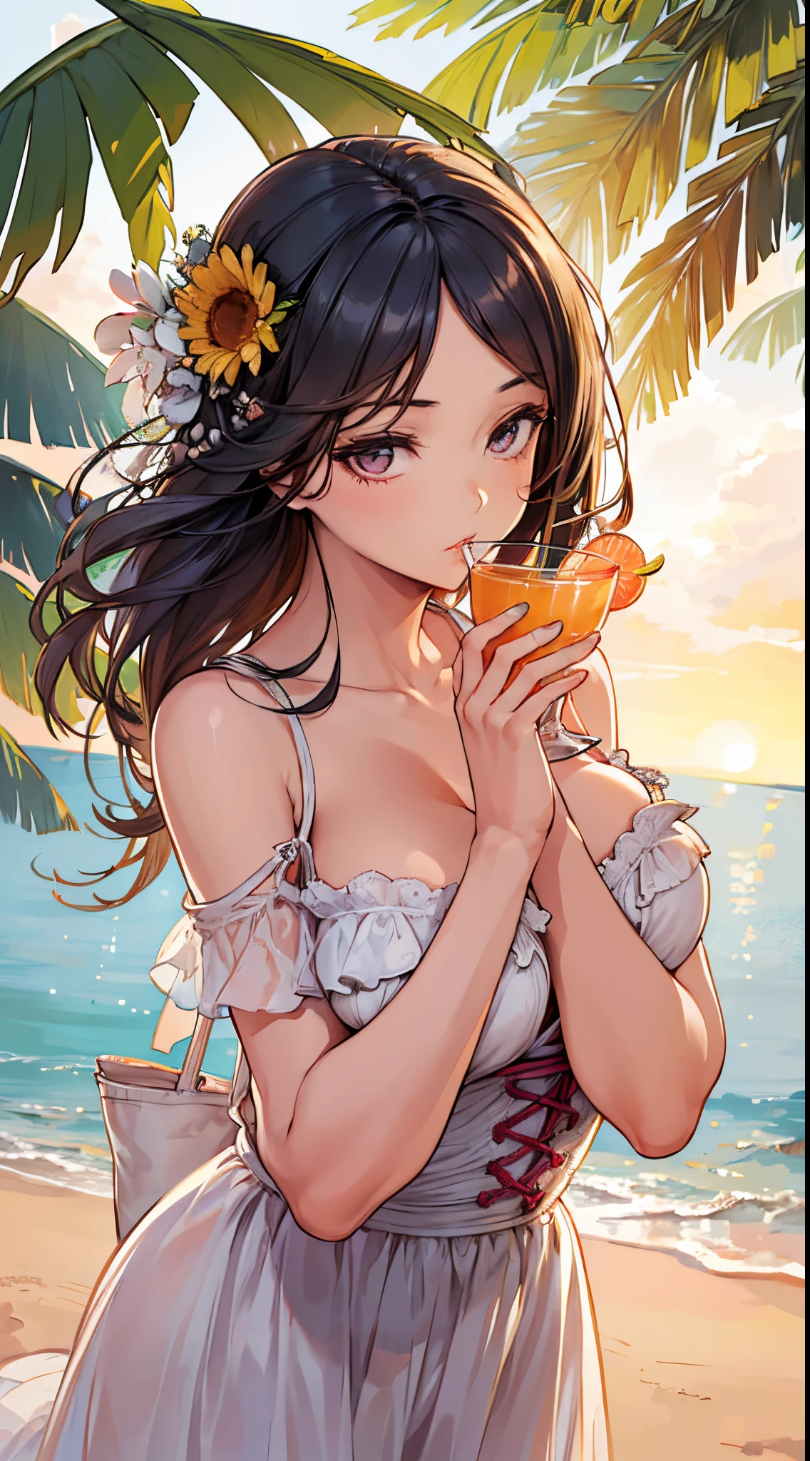 Girl in summer clothes, Drink cephy, Random background, kiss, Beautiful, medium breasts, flirtatious look, ((Very detailed)), (Perfectly detailed face), (Well detailed hands), (Well detailed hands), (Well detailed hands), (Well detailed hands), (Well detailed hands) Photorealistic images.