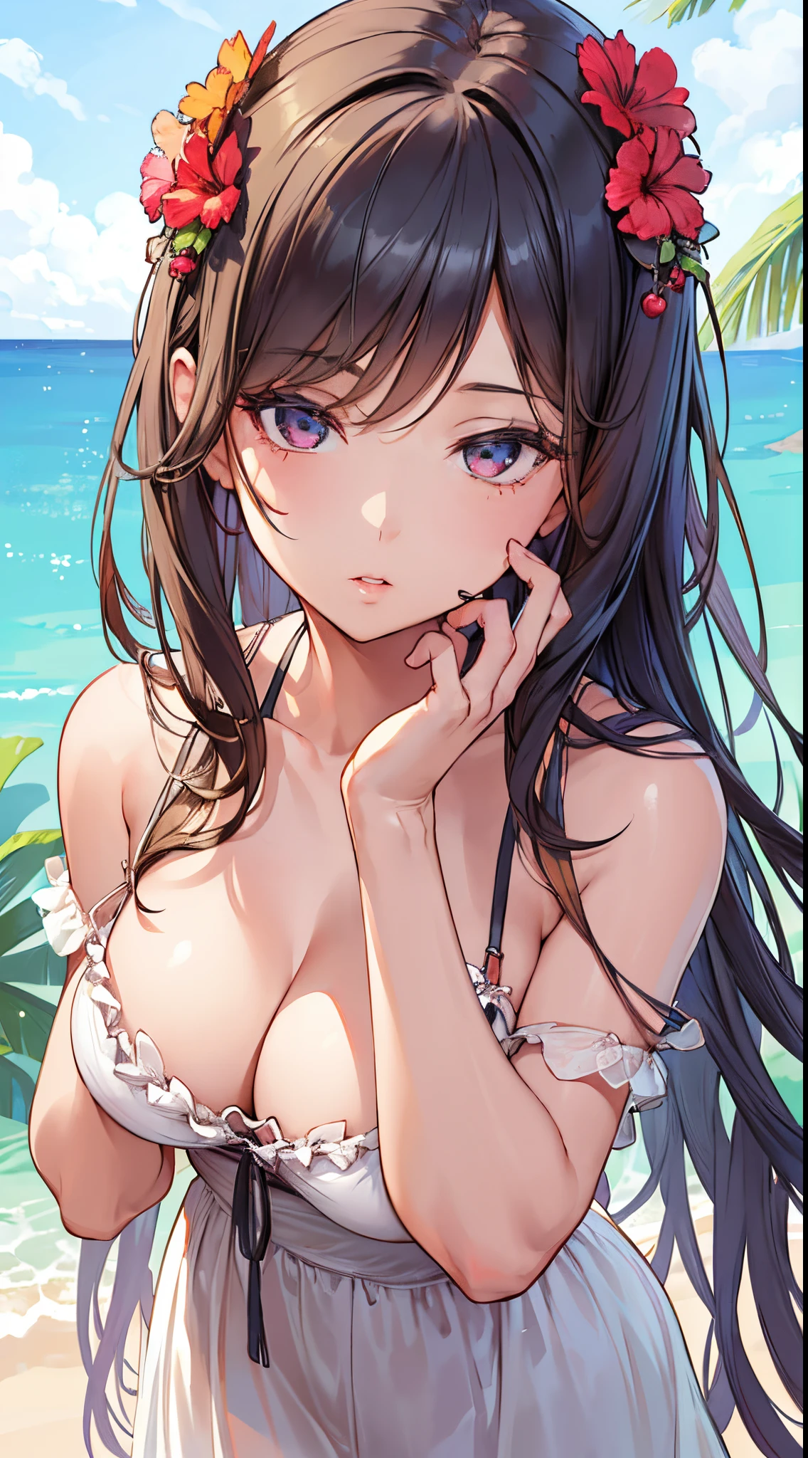 Girl in summer clothes, Drink cephy, Random background, kiss, Beautiful, medium breasts, flirtatious look, ((Very detailed)), (Perfectly detailed face), (Well detailed hands), (Well detailed hands), (Well detailed hands), (Well detailed hands), (Well detailed hands) Photorealistic images.