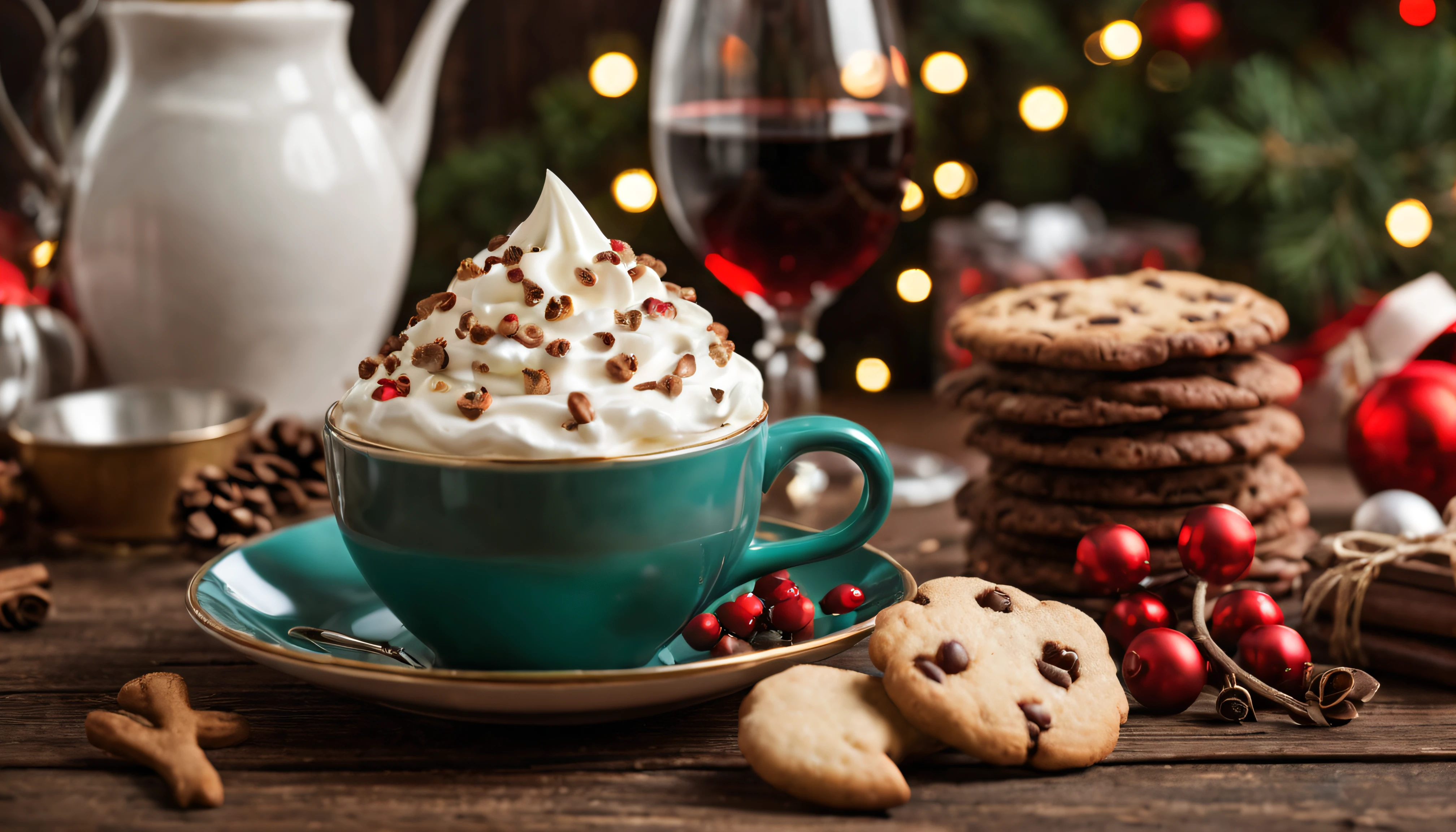 Breathtaking cinematic photo of a real Hyperrealistic christmas still life ((close-up)) of a breathtaking ((cup of coffee with whipped cream: 1.4)), chocolate shavings and ((christmas cookies)), ((((glass of red wine in stemmed glass)))) decorated with (((mistletoe))) and golden christmas tree decorations, on and antique wooden table covered with christmas table cloth, in the background multicolored led lights (red, blue, green, yellow), extremely high-resolution details, photorealism, realistic lifelike textures, masterpiece, best quality, sharp focus, photorealism, photorealistic, 8k, volumetric light, (intricate details), hdr, high detailed, high quality, soft cinematic light, dramatic atmosphere, atmospheric perspective, ultra realistic, neutral colors, cinematic lighting, wide angle, film grain, dslr, raw photo, photo,