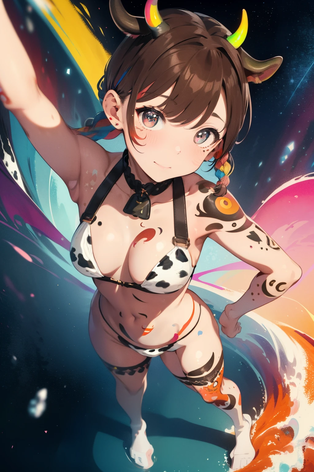 ((Brown hair)),((Braided shorthair)),((With black eyes)),Slight red tide,(With bangs),(colorful full body art:2.0),(Illustration of a cow:1.5),(Cow Cosplay),(Cute pose with both hands raised),(Navel Bow Style:1.25),(Underwear with frills),(garterbelts),(Harness belt),(holstein print swimsuit:1.2),(Eye size:1.5),(your eyes are shining like stars:1.25),(close up of face:1.5),(Cute and pop worldview),(Soft light),