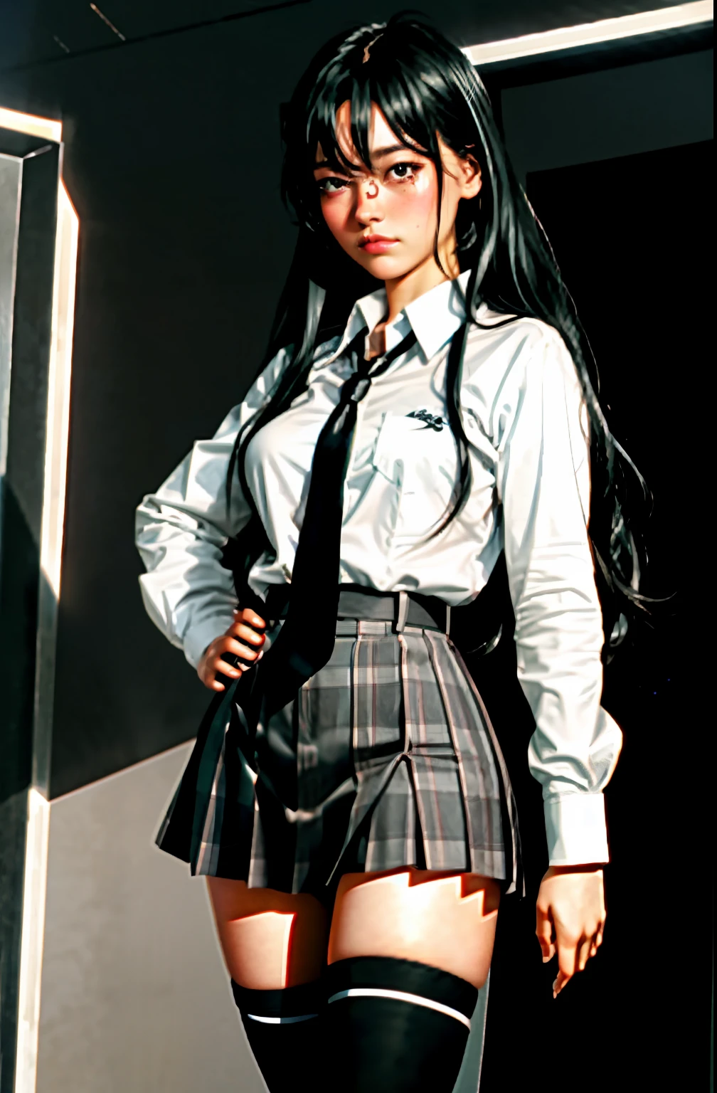 (full figure:1.1), 1 girl as yukino yukinoshita, absurdres, highres, solo, school uniform, big breasts, waist long black hair, (twintails:0.5), miniskirt, (black thighhigh socks:1.1), loose red ribbon, unbuttoned white shirt, (ahegao:1.1), (rolling eyes:1.1), (in a movie set:1.5)