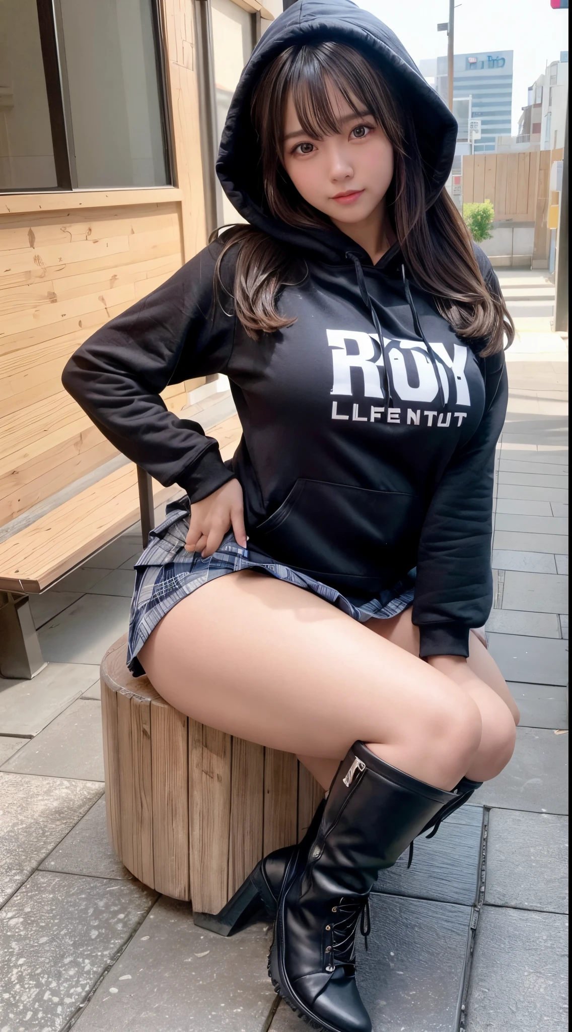 ultra detailed, best quality, insanely detailed, masterpiece, beautiful, high quality, detailed, hyper detailed, exquisite, 8K, absurdres, 4K, highres, a girl, smiling, hands on hips, looking at viewer, long hair, straight hair, brown hair, tareme, droopy eyes, shiny skin, detailed skin, detailed face, glamorous, voluptuous, curvy, beautiful ass, beautiful breasts, (idol, hoodie, mini skirt, boots:1.3), curvy, japanese idol, cute face, teenager, japanese, on the street, with a bed, with a window, with a sofa, nsfw, raw photo, real person, photorealistic, ultra realistic photo, portrait photography, dynamic angle, from front, cowboy shot, depth of field, cinematic lighting, sharpen