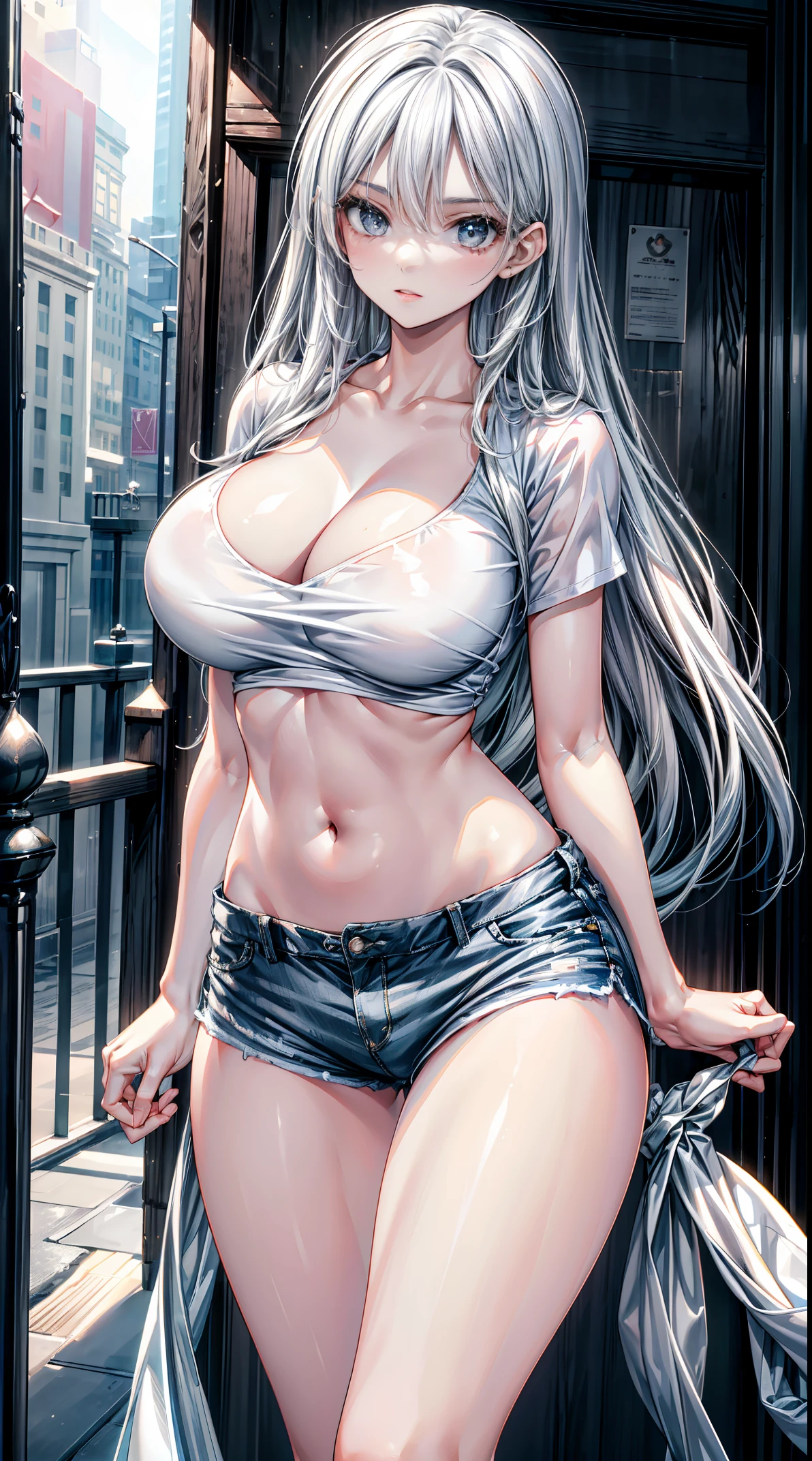 Best quality, tmasterpiece, A high resolution,8K,(realistically:1.4),超A high resolution,1个Giant Breast Girl, ultra - detailed, hyper realisitc, Very detailed CG illustration, offcial art, 电影灯光, actual, Young and beautiful girl, perfect body figure, perfect body figure, full pov, perfect bodies, (Starting below:1.3), lacivious pose, long sexy legs, Self-confident, Beautiful Sexy, Gray short sleeves, Open the abdomen, Super Shorts, S-shaped body, hip is cocked,placed in a,lewd poses,Different Perspectives