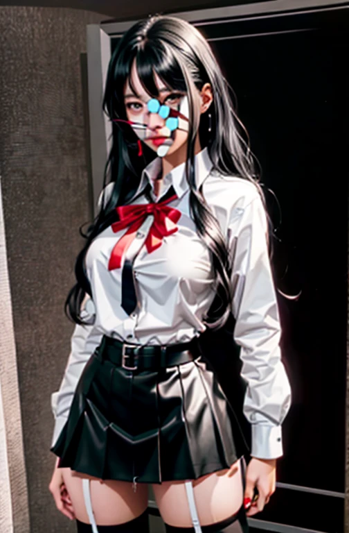 (full figure:1.1), 1 girl as yukino yukinoshita, absurdres, highres, solo, school uniform, big breasts, waist long black hair, (twintails:0.5), miniskirt, (black thighhigh socks:1.1), loose red ribbon, unbuttoned white shirt, (ahegao:1.1), (rolling eyes:1.1), (in a porn movie set:1.5)