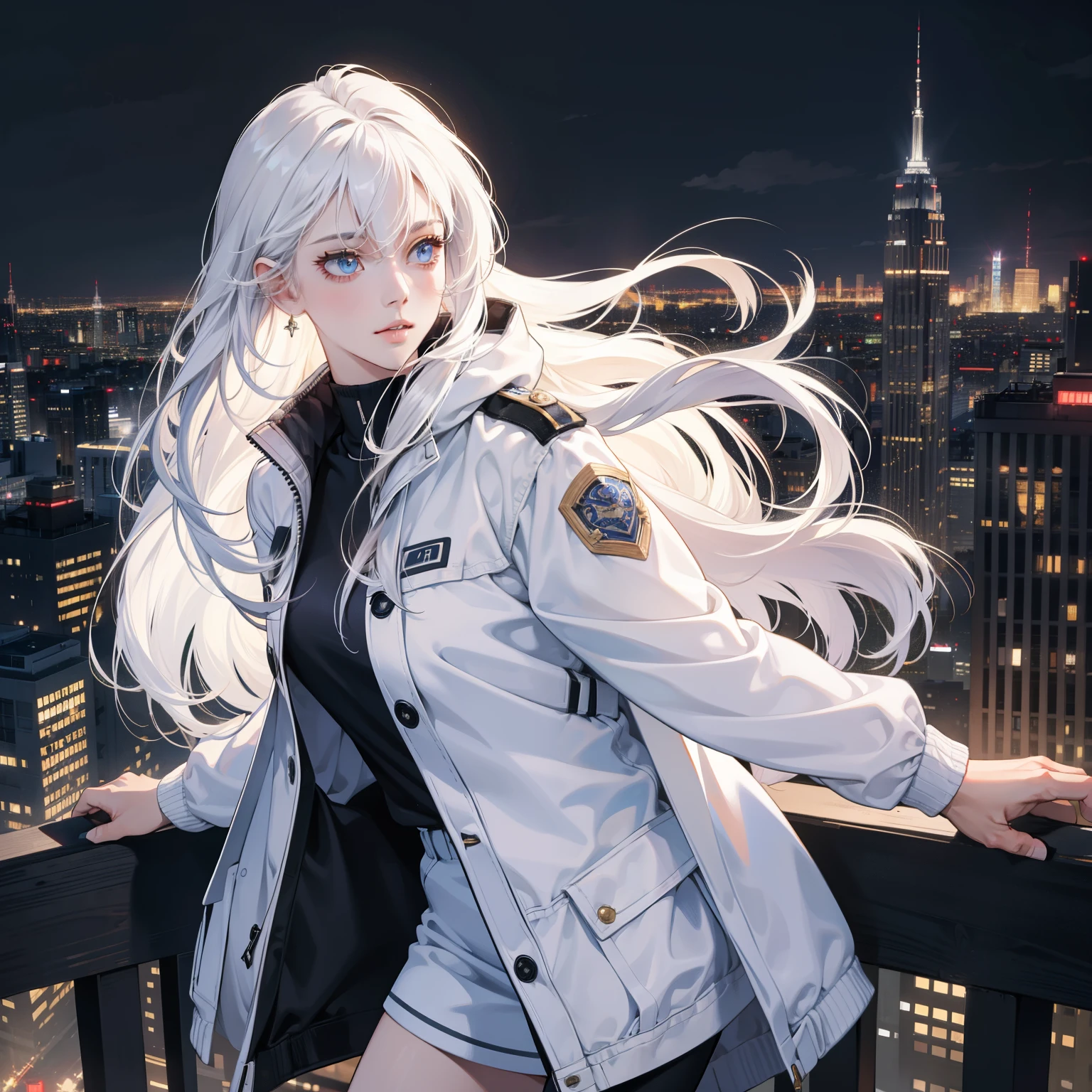 Masterpiece, high quality, best quality, HD, realistic, perfect lighting, detailed body, 1 woman, perfect eyes, long hair, White Hair, glowing, jaket white uniform, city night background.