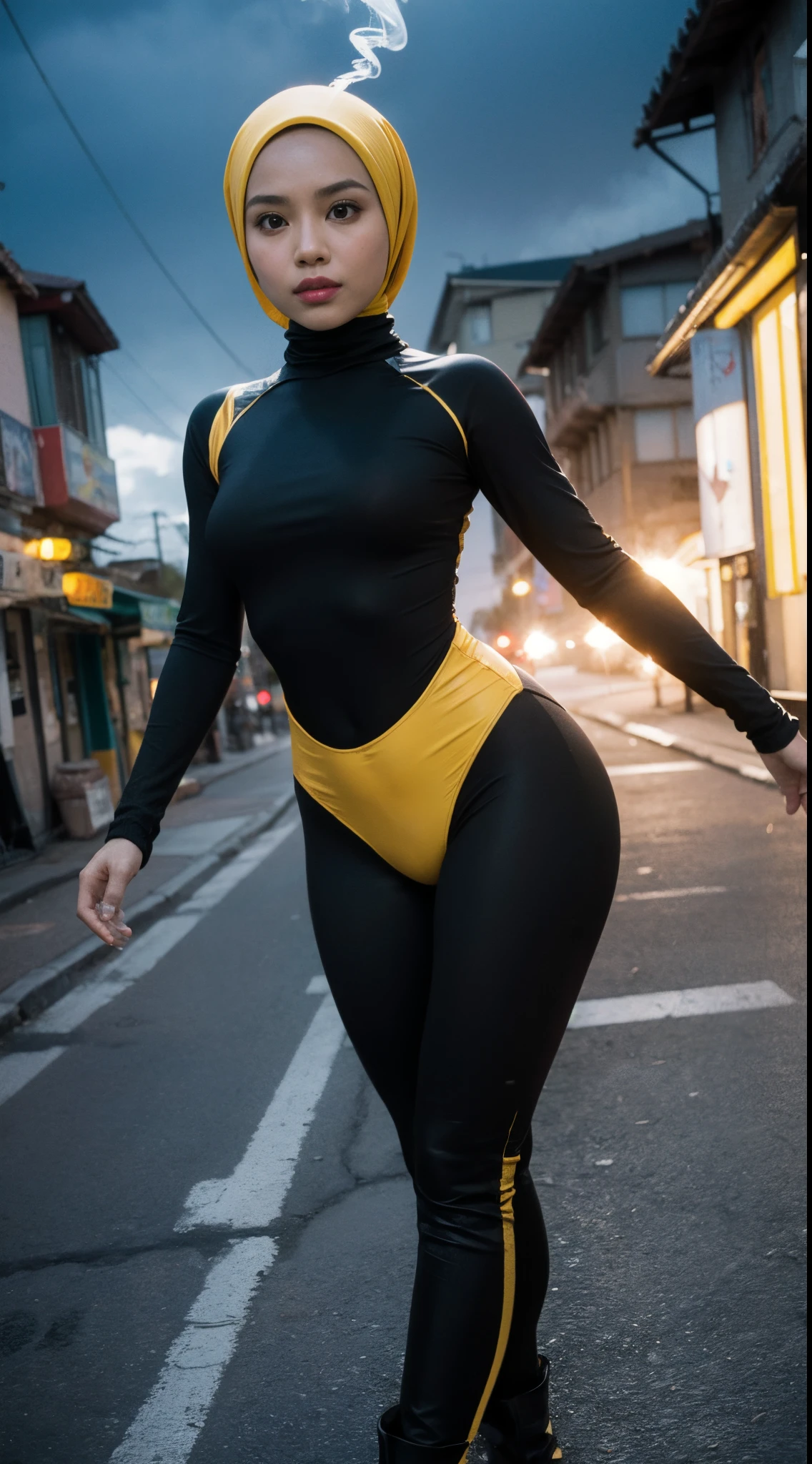 1 malay girl, solo, hijab, medium hijab, superhero, golden yellow and black leotard, leggings, high tight boots, wide hips, fighting action pose, damage city backdrop, dramatic effect, a lot of smoke effect, cinematic, Super 8mm lense, Low angle shot, bright color grading, depth of field cinematography, western film style, high quality, ultra detail, 8k resolution